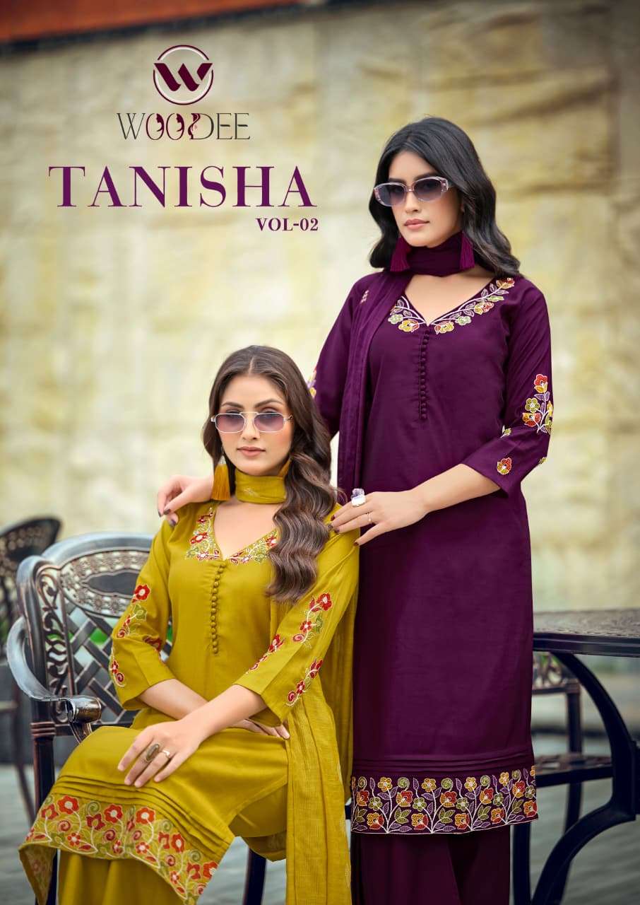 WOODEE TANISHA VOL 2 VISCOSE FANCY WORKS LADIES KURTI BOTTOM AND DUPATTA SET 