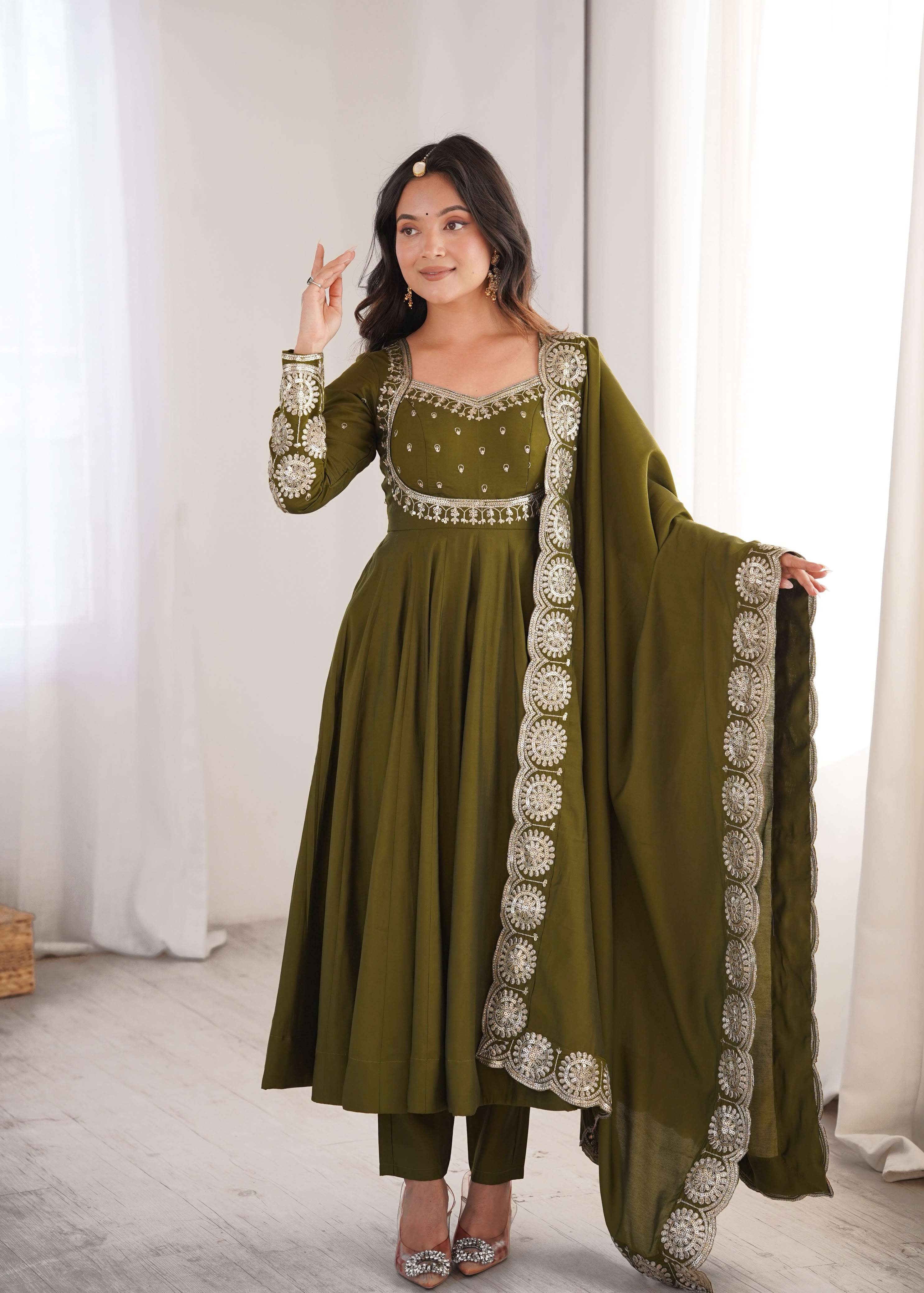 ZF 5026 SILK SEQUENCE EMBROIDERY DESIGNER WORK READY MADE ANARKALI GOWN STYLE SUIT 