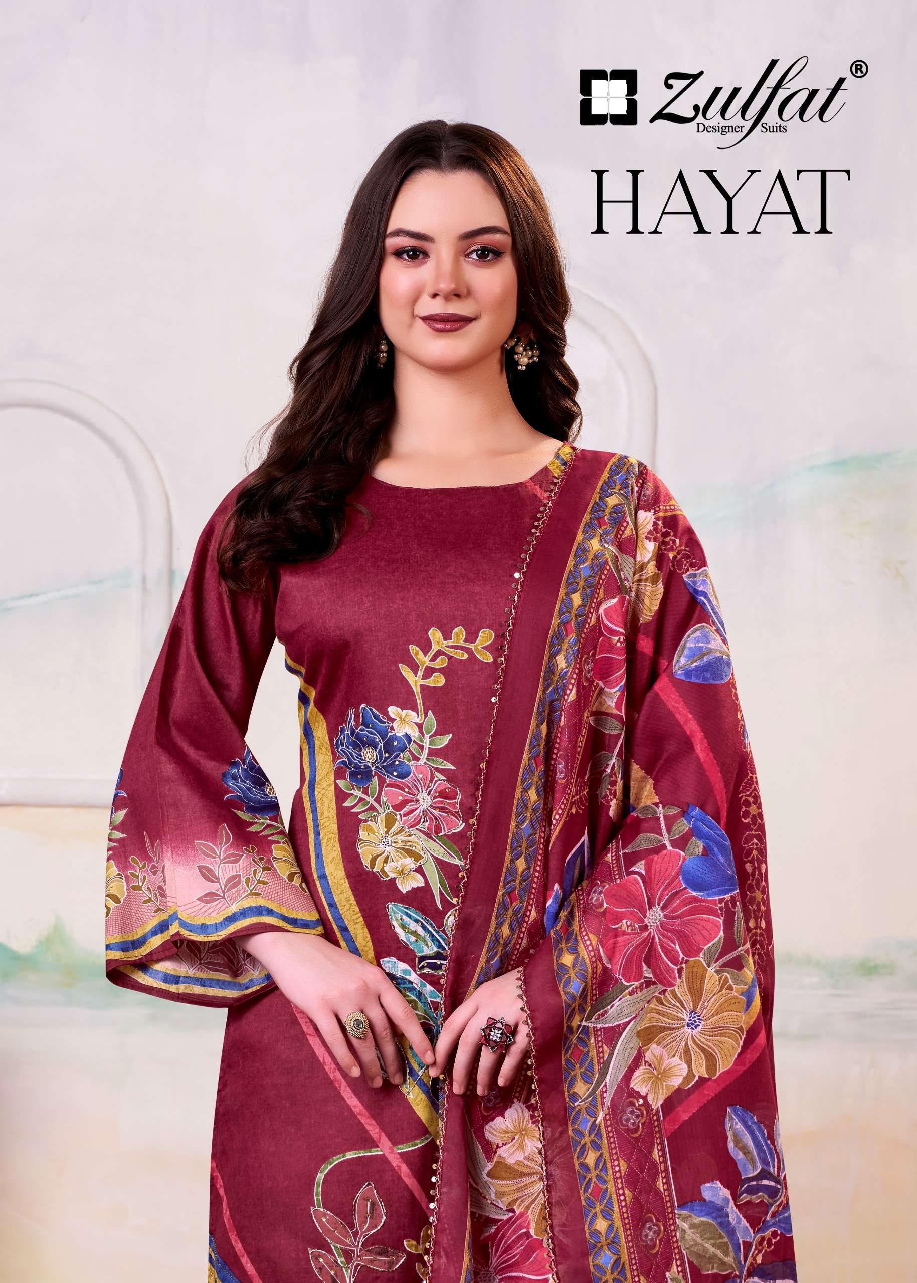 ZULFAT DESIGNER SUITS HAYAT JAM COTTON PRINT WITH FANCY WORK SUIT