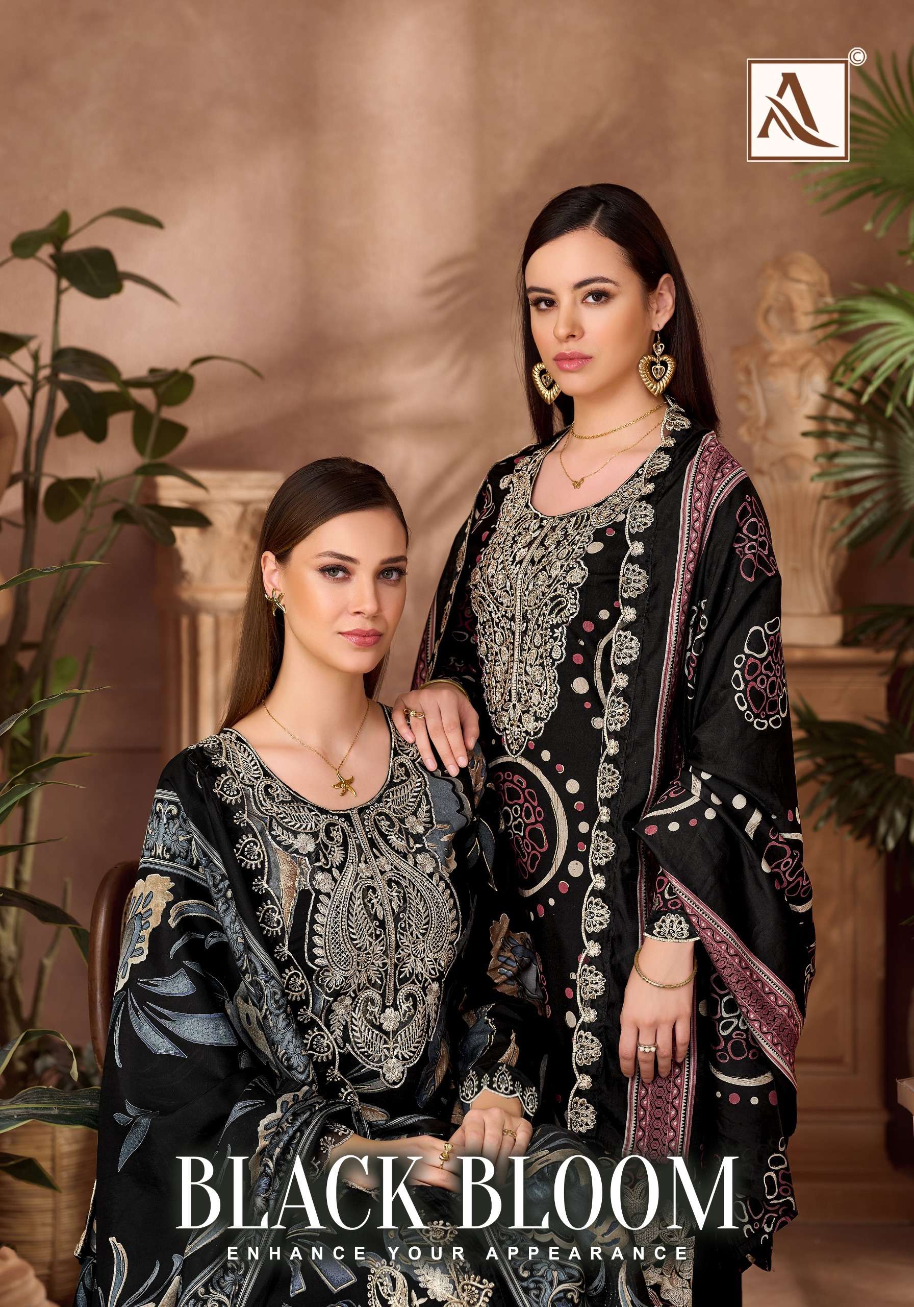 ALOK SUITS BLACK BLOOM RAYON PRINT WITH FANCY EMBROIDERY WORK SUIT