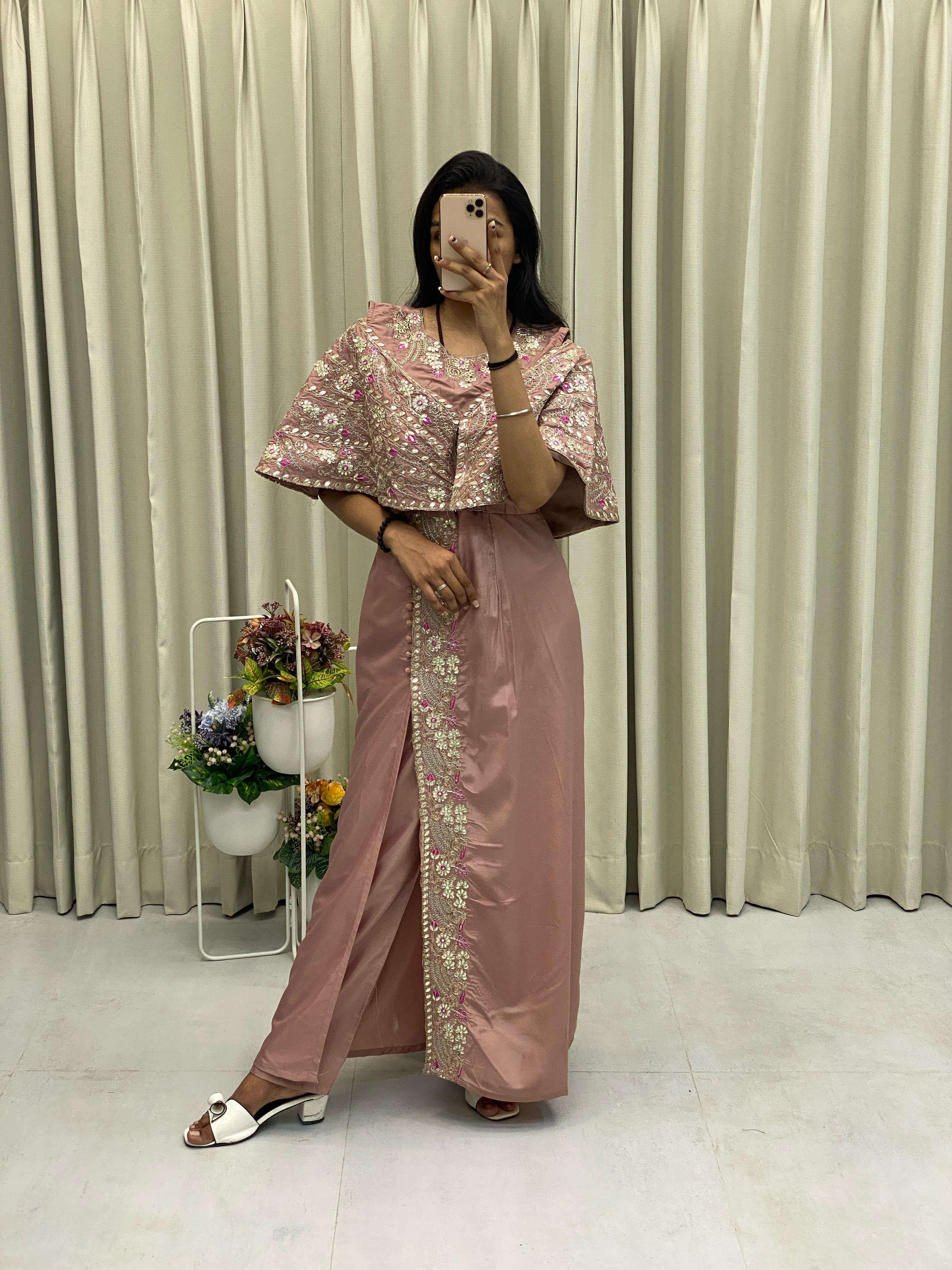 BE 327 SILK BEAUTIFUL DESIGNER LOOK PARTY WEAR INDO WESTERN STYLE GOWN WITH PANT PAIR 