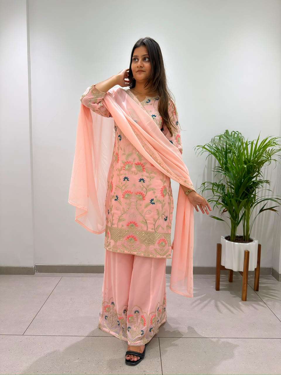 BE 486 GEORGETTE EMBROIDERED WORKED TOP PLAZZO WITH DUPATTA SET