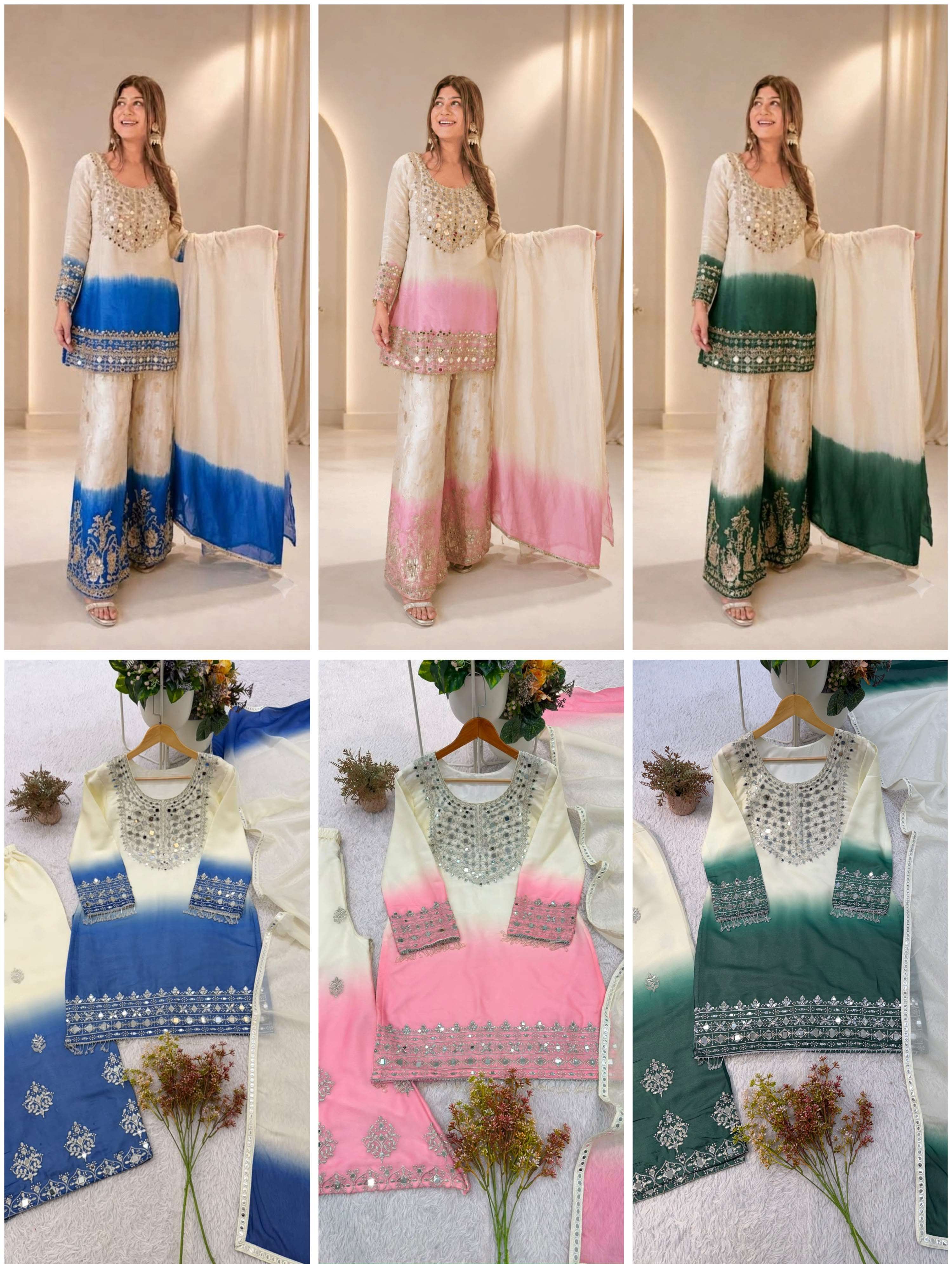 BE 491 MIRROR EMBROIDERED WORKED TOP PLAZZO WITH DUPATTA SET