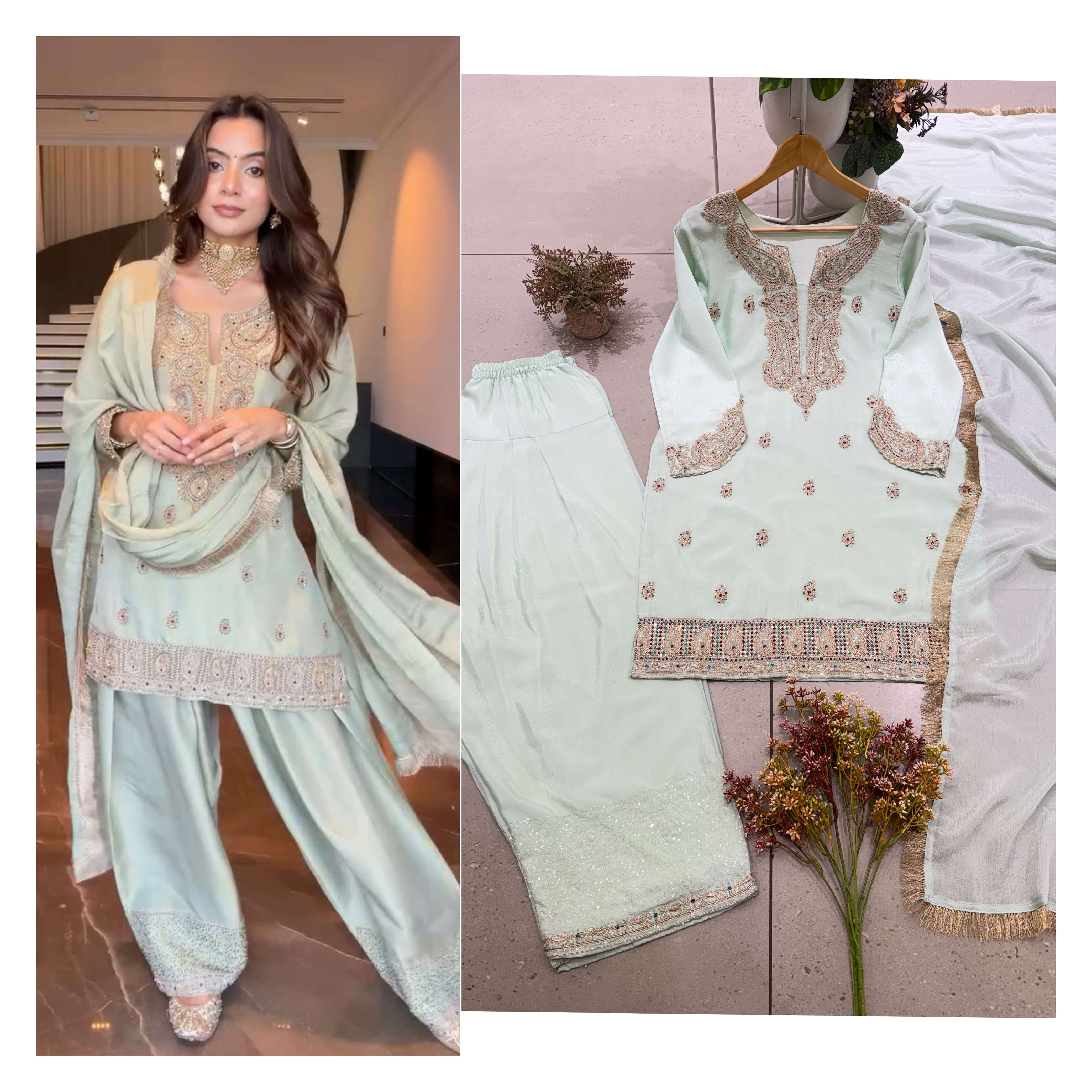 BE 515 DESIGNER WORKED FESTIVE WEAR TOP PLAZZO AND DUPATTA SET