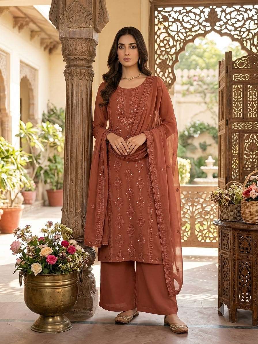 BE 519 GEORGETTE SEQUENCE EMBROIDERY WORK TOP PLAZZO AND DUPATTA SET