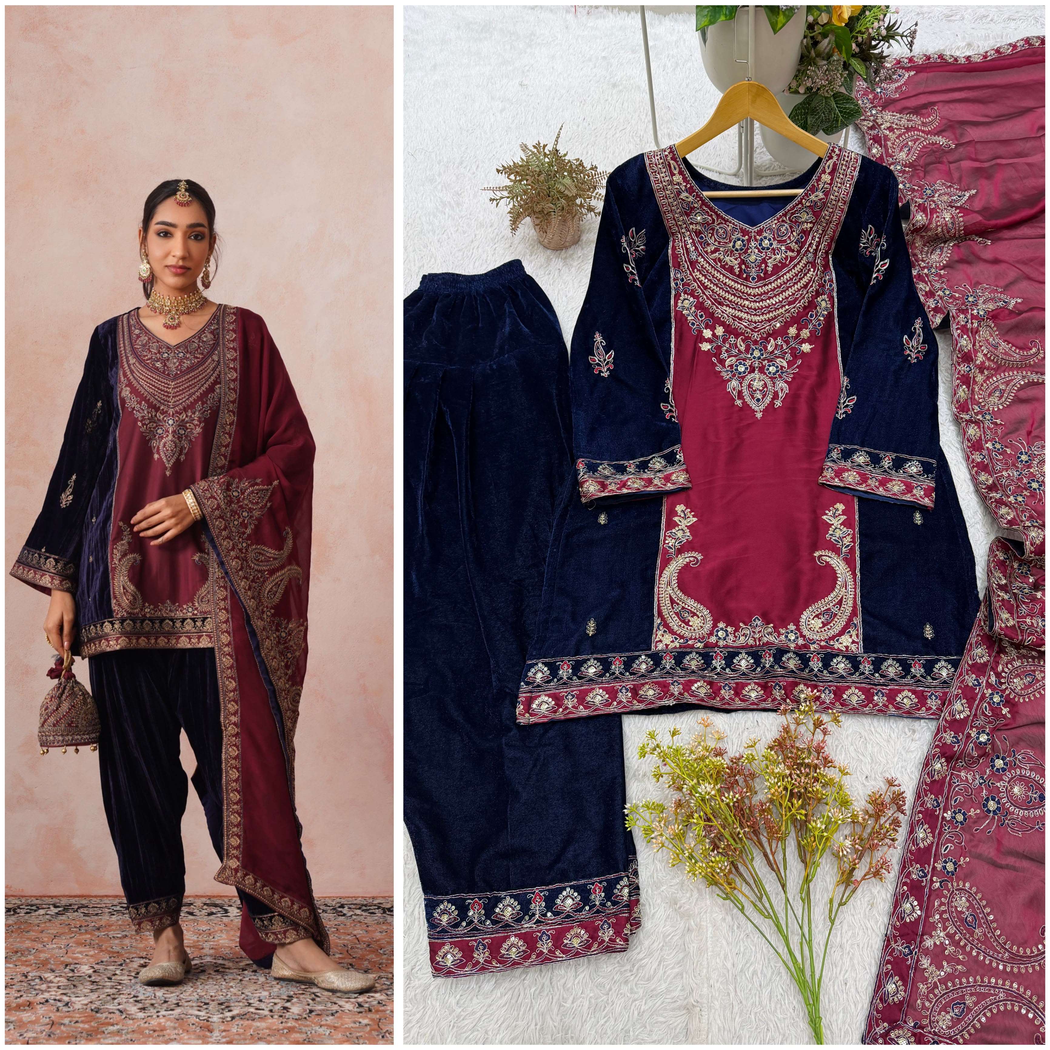 BE 522 VELVET BEAUTIFUL EMBROIDERED DESIGNER LOOK TOP SALWAR AND DUPATTA 