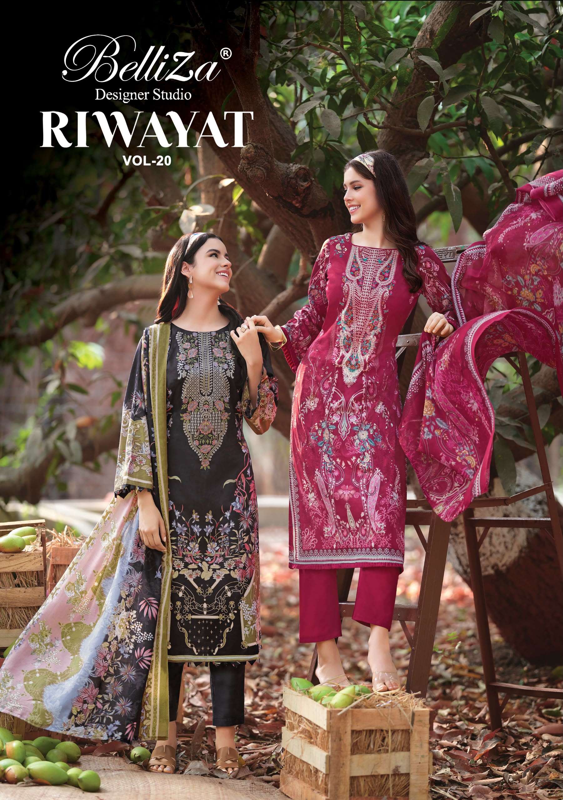 BELLIZA DESIGNER STUDIO RIWAYAT VOL 20 VISCOSE DIGITAL PRINT FANCY EMBROIDERIES WORK SUIT