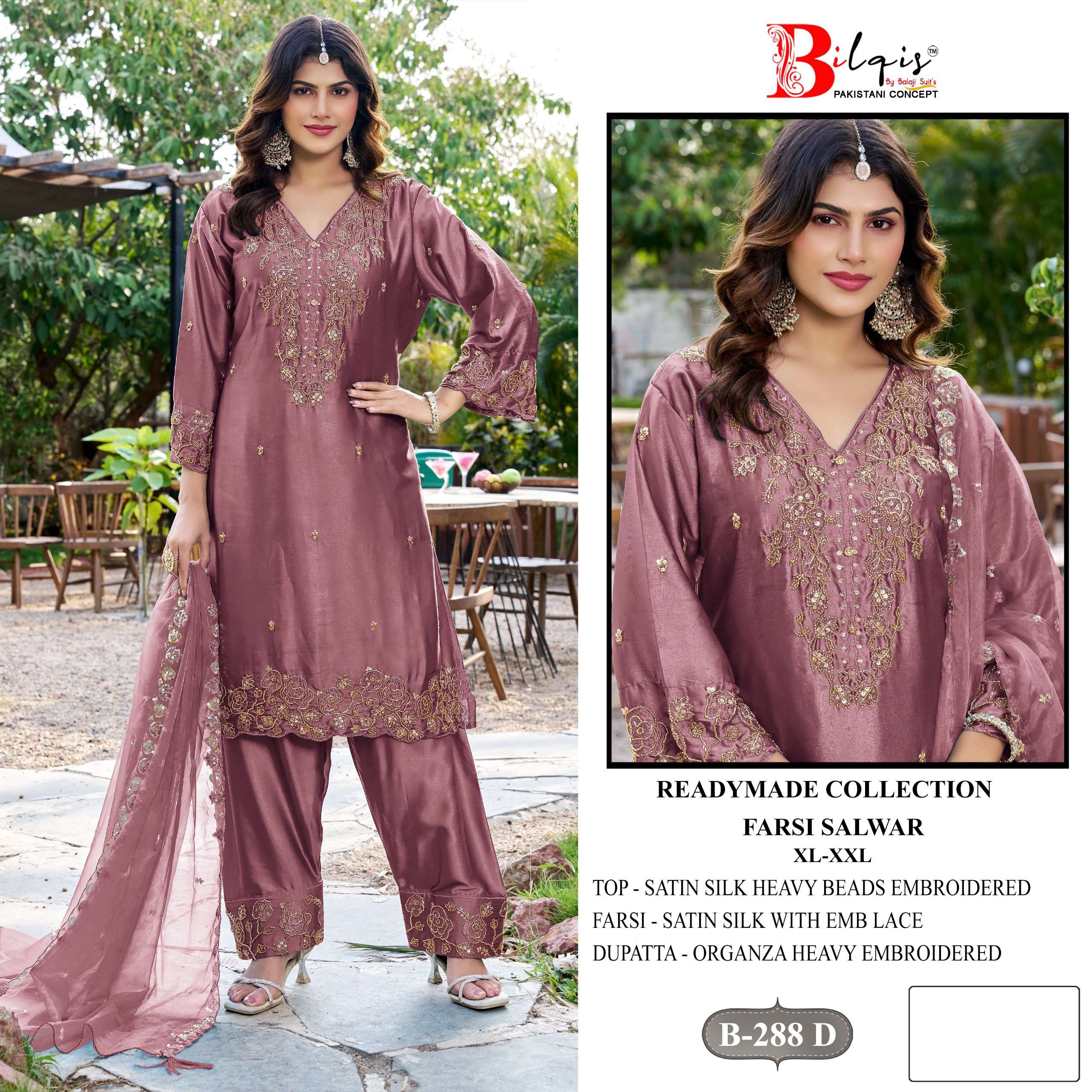 BILQIS B 288 SATIN SILK EMBROIDERED DESIGNER WORK READY MADE PAKISTANI SUIT 