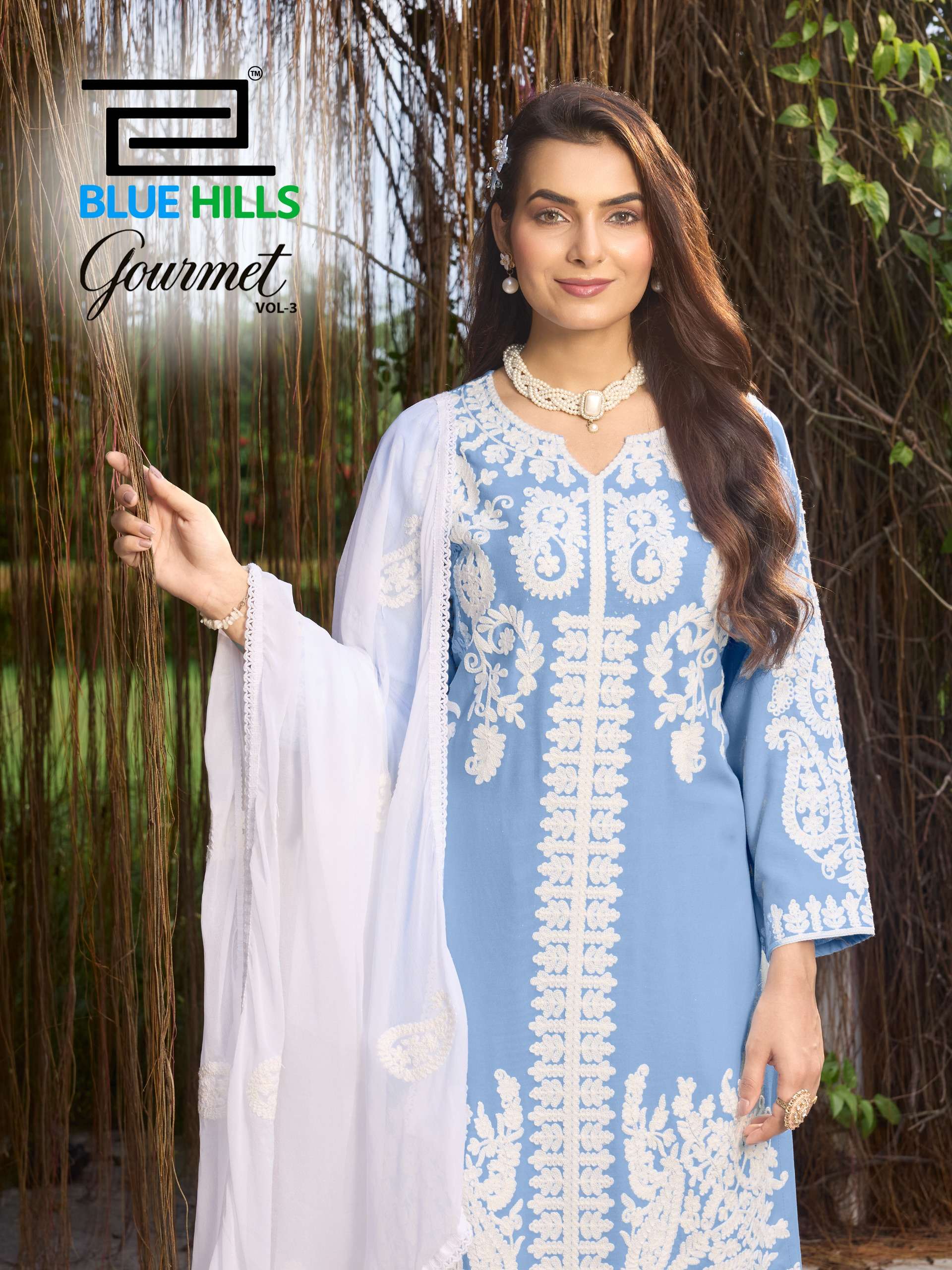 BLUE HILLS GOURMET VOL 3 RAYON FANCY LUCKNOWI WORKS STYLE LADIES KURTI PLAZZO AND DUPATTA SET 
