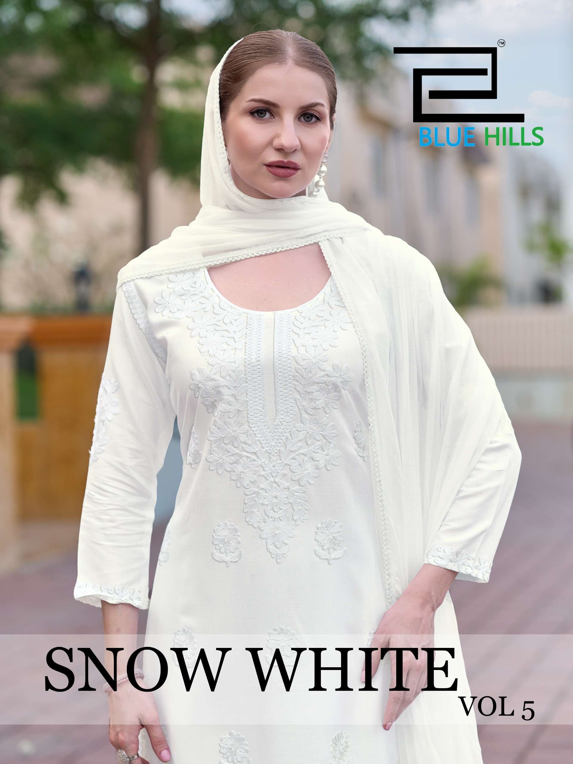 BLUE HILLS SNOW WHITE VOL 5 RAYON FANCY WORKS LADIES TOP PLAZZO AND DUPATTA SET 