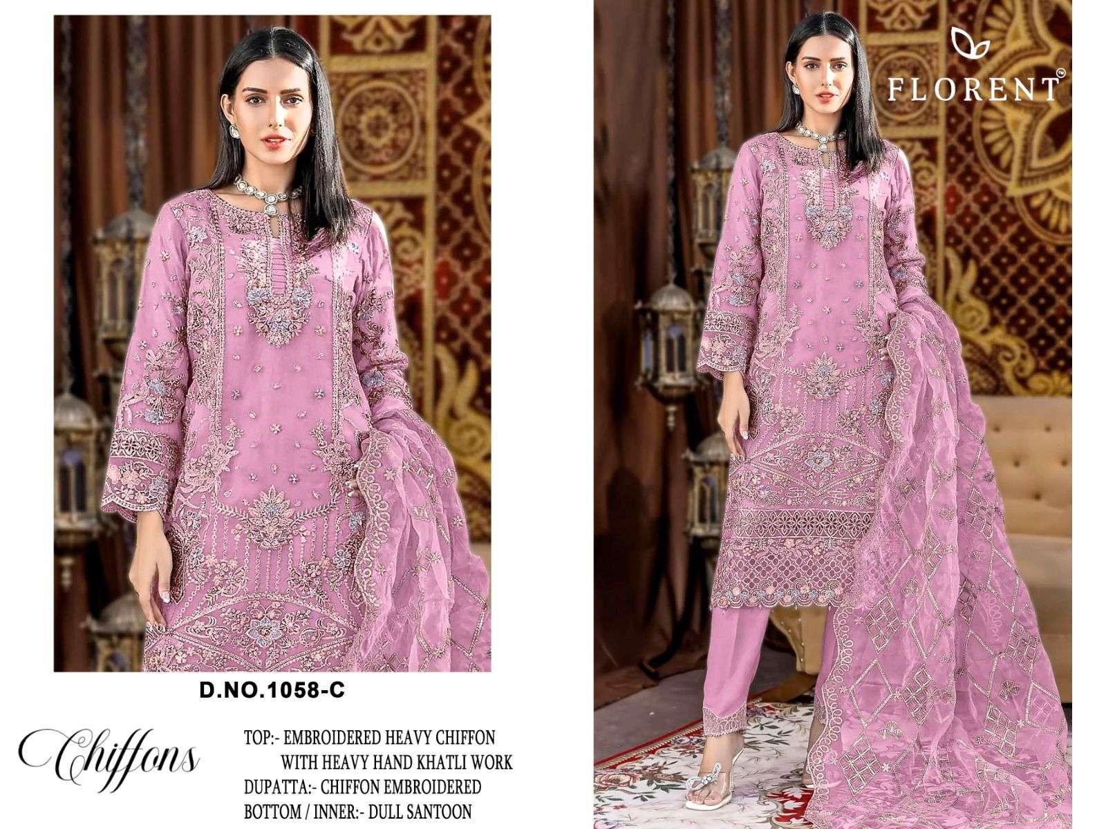 FLORENT D NO 1058 CHIFFON HEAVY EMBROIDERED DESIGNER WORK PAKISTANI SUIT