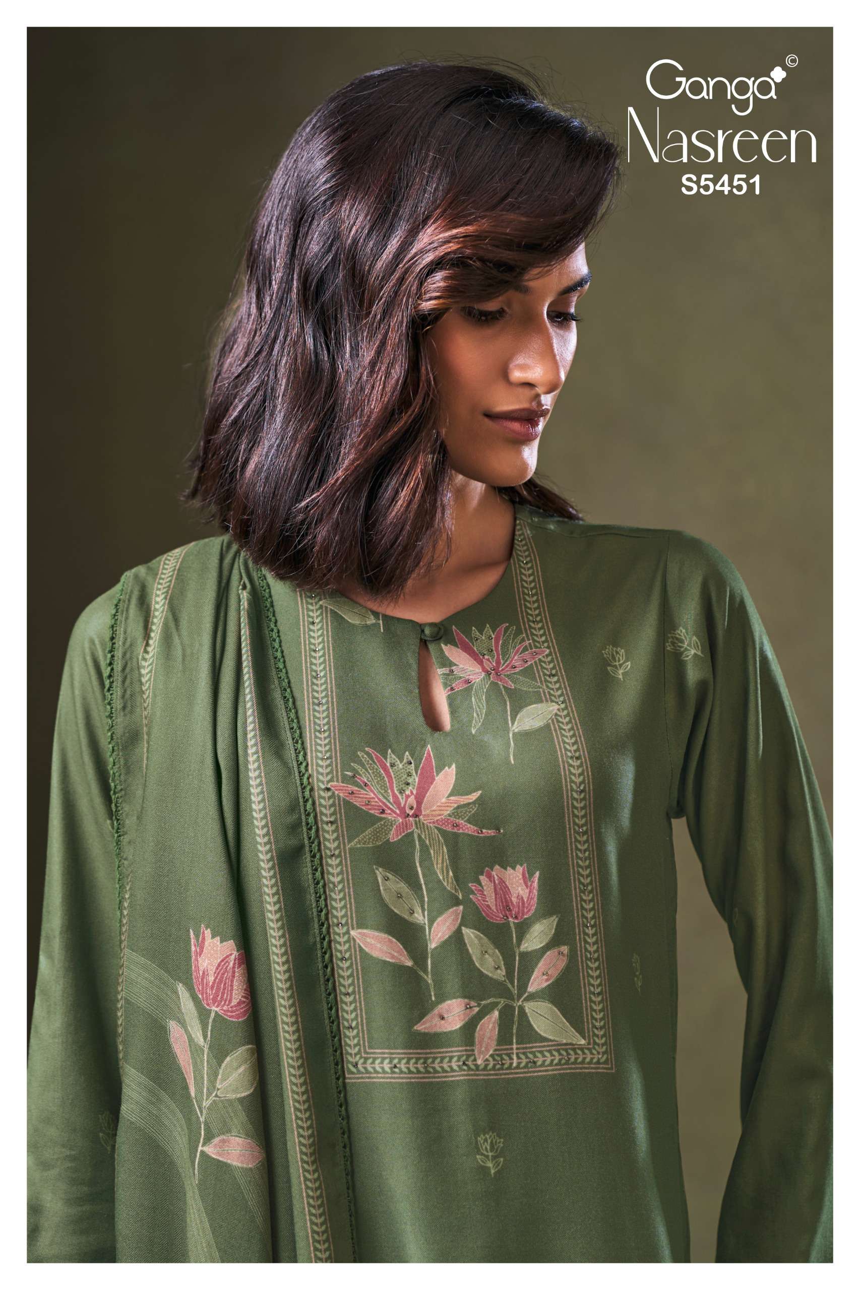 GANGA NASREEN 5451 WOOL PASHMINA PRINTED WITH DESIGNER WORK SUIT 