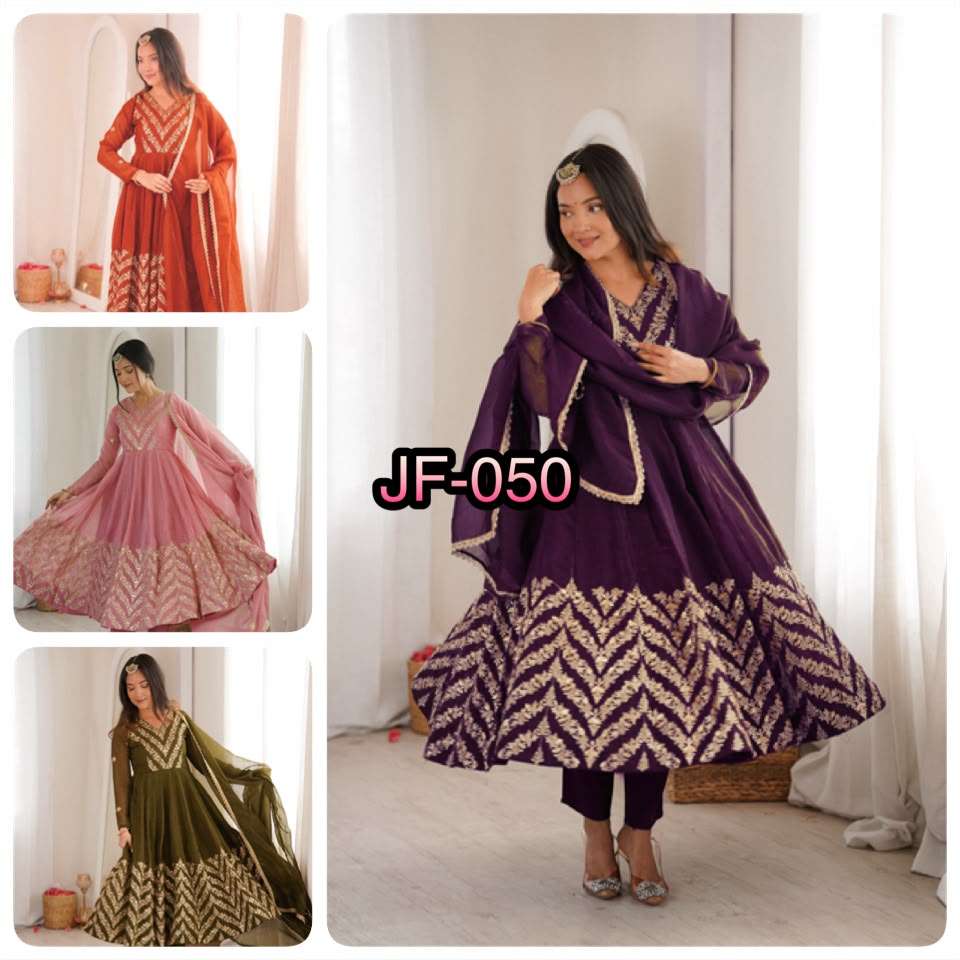 JF 050 SILK BEAUTIFUL DESIGNER LOOK ANARKALI STYLE GOWN PANT WITH DUPATTA SET 