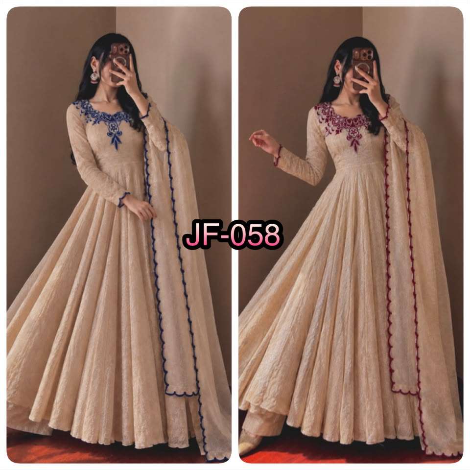 JF 058 CRUSH FABRIC BEAUTIFUL DESIGNER LOOK GOWN PANT WITH DUPATTA SET 
