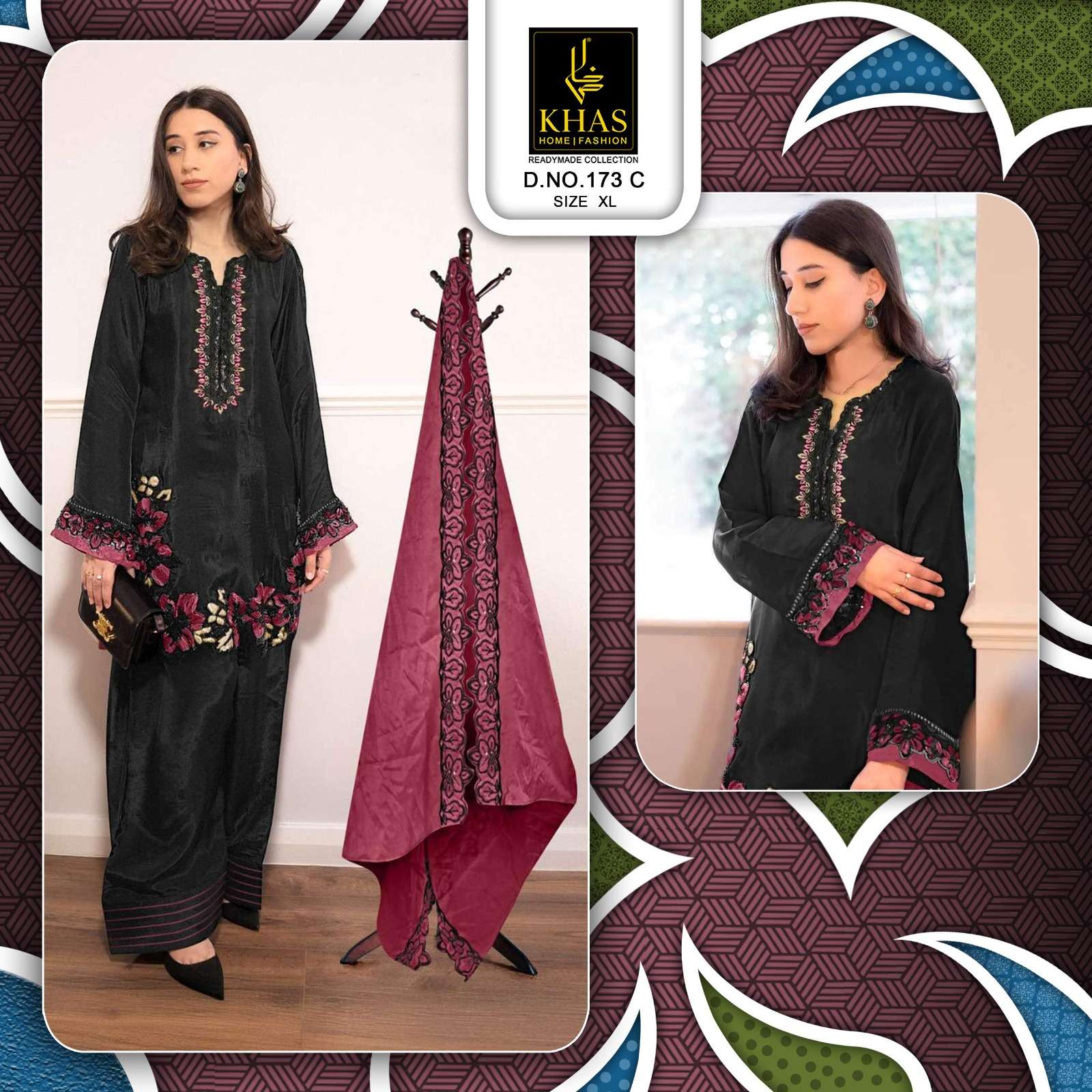 KHAS FASHION D NO 173 SATIN EMBROIDERY DESIGNER READY MADE PAKISTANI SUIT