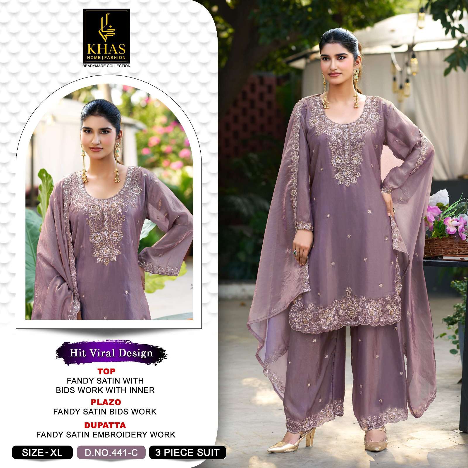 KHAS FASHION D NO 441 SATIN EMBROIDERED DESIGNER READY MADE PAKISTANI SUIT 