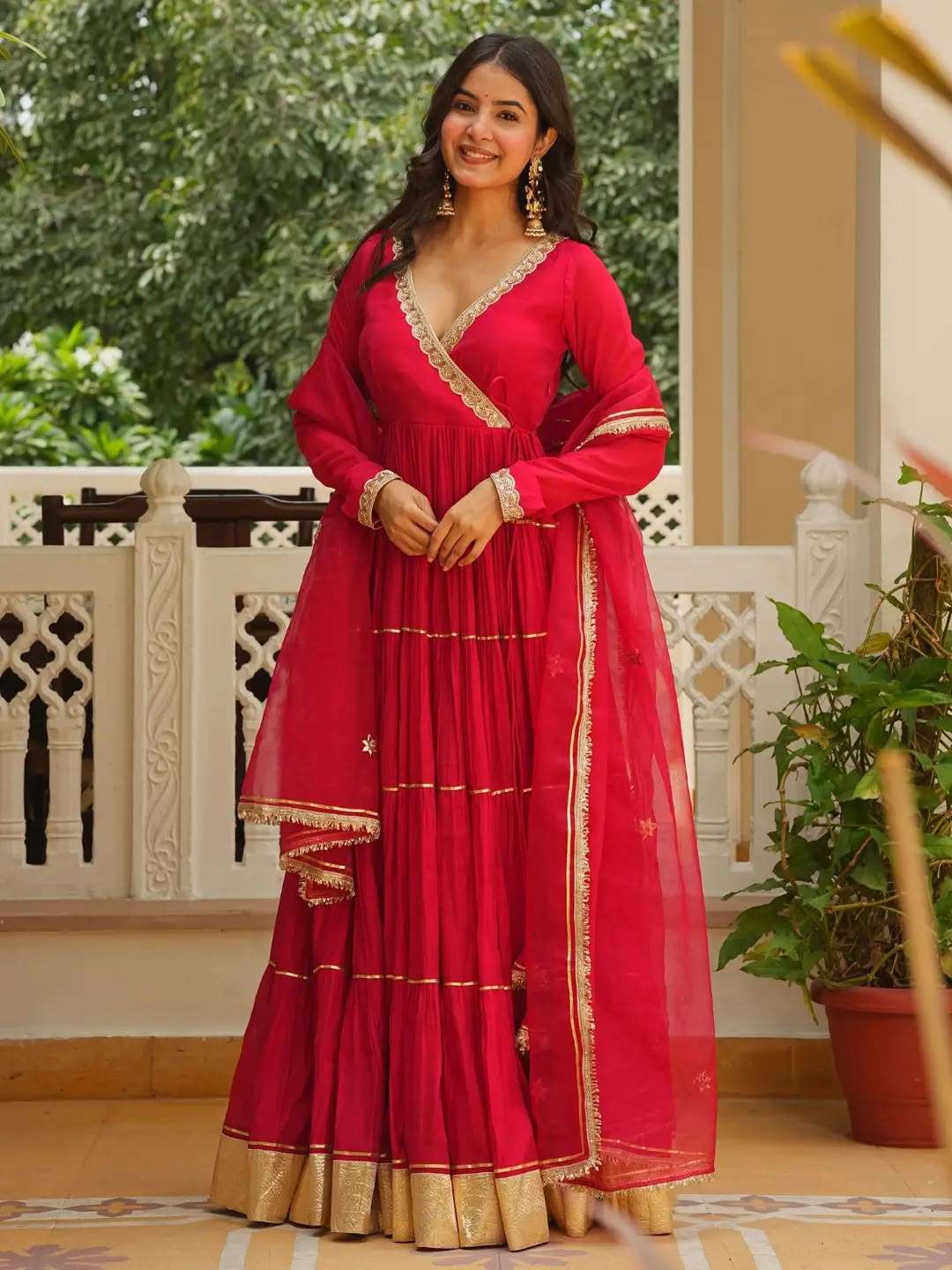 LG 2154 GEORGETTE SEQUENCE EMBROIDERY DESIGNER WORK ANGARKHA STYLED RED FULL FLAIRED GOWN WITH DUPATTA 