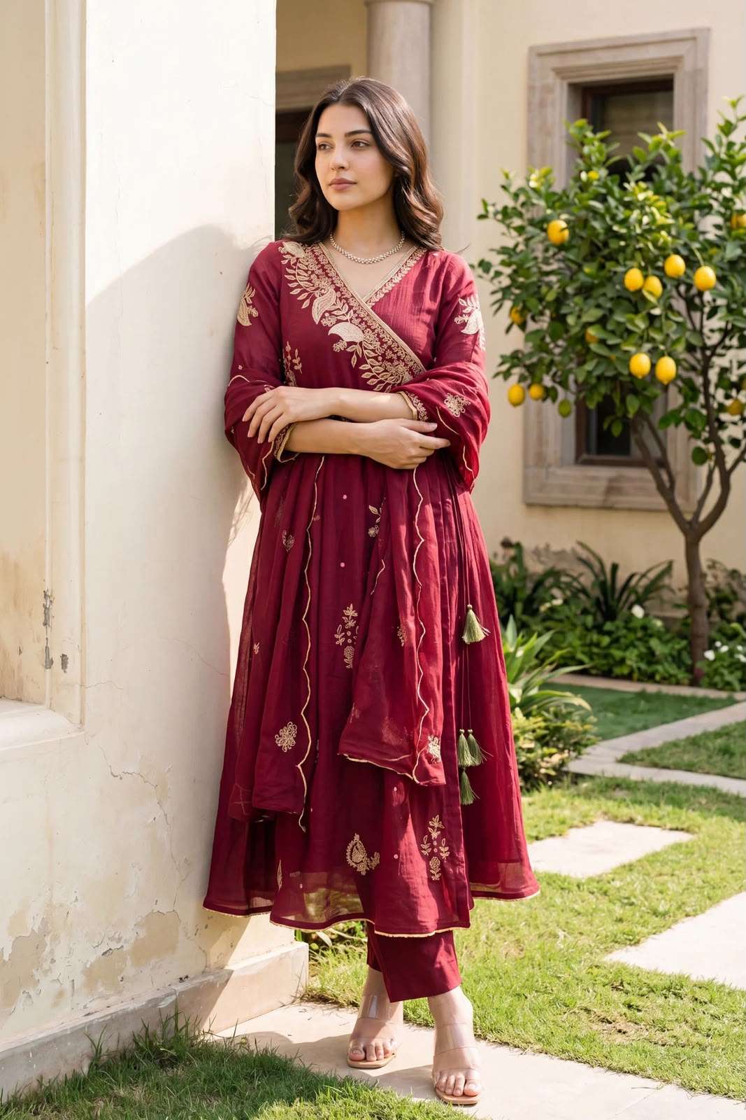 LM 42 CHANDERI FABRICS BEAUTIFUL DESIGNER ANGARKHA STYLE LADIES FESTIVE WEAR 3PCS SET COLLECTION 
