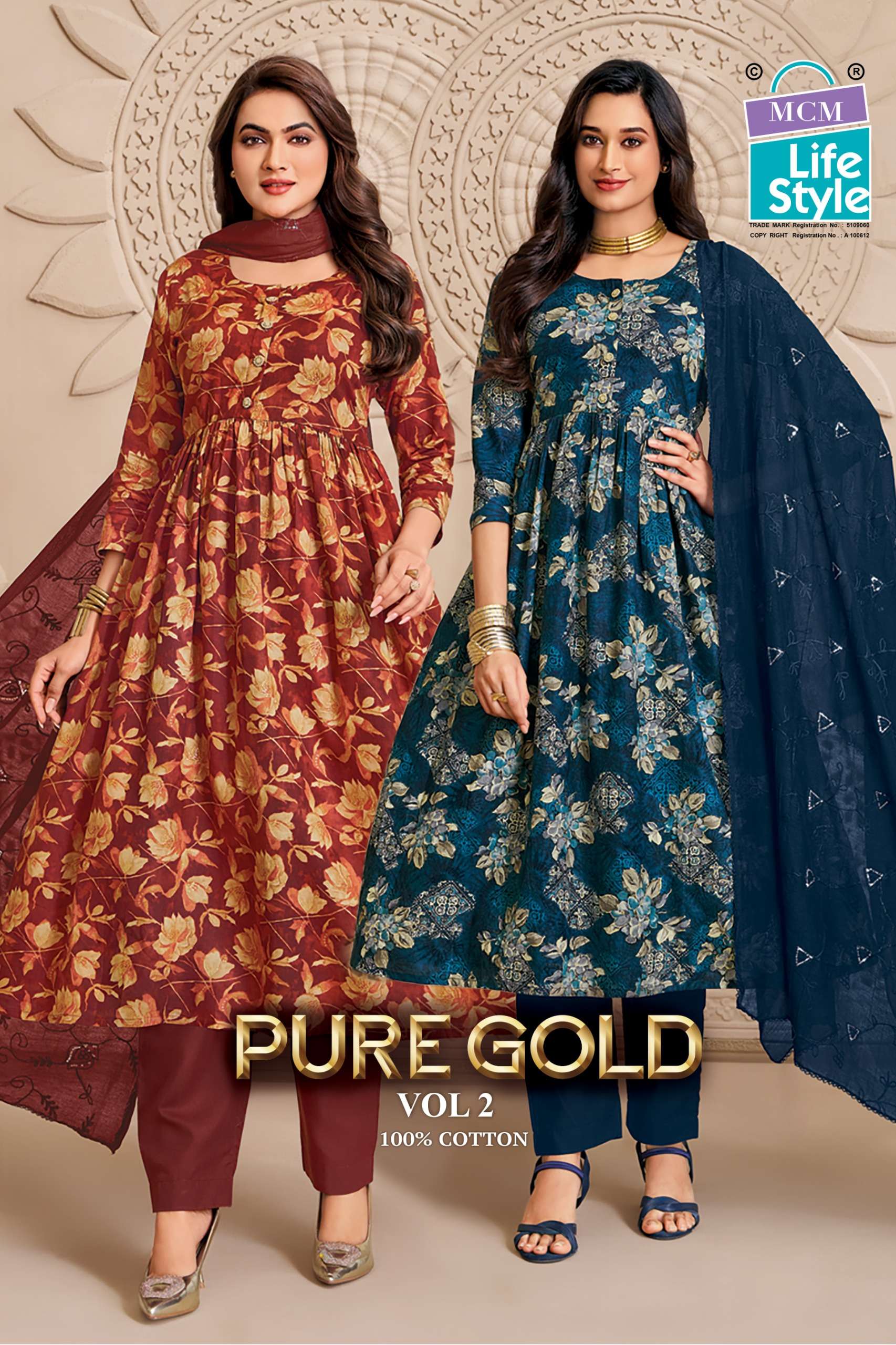 MCM LIFESTYLE PURE GOLD VOL 2 COTTON PRINTED FROCK STYLE TOP PANT WITH DUPATTA SET 