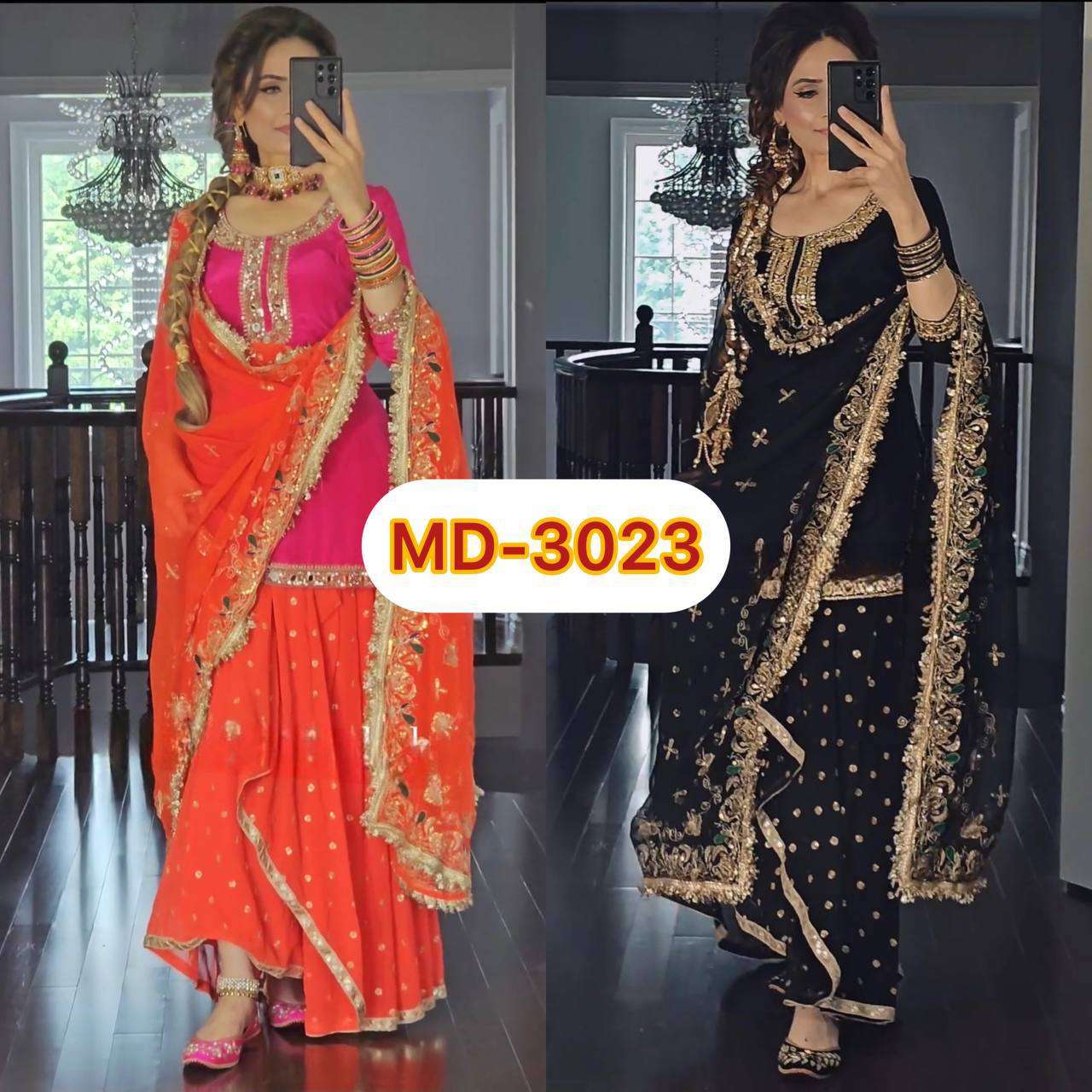 MD 3023 SILK DESIGNER FESTIVE WEAR LADIES TOP DHOTI SKIRT AND DUPATTA SET 