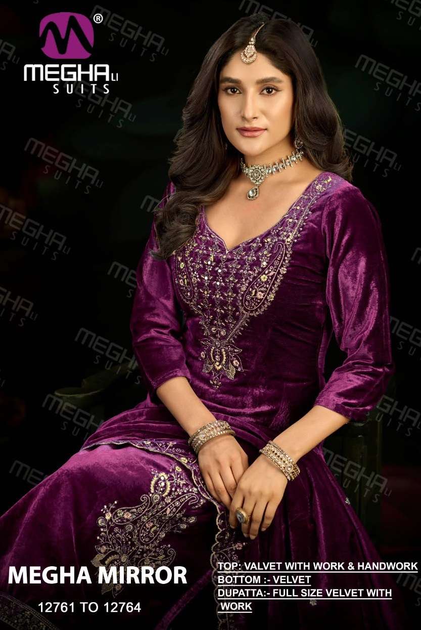 MEGHA SUITS MIRROR VELVET HEAVY DESIGNER WORKED SUIT