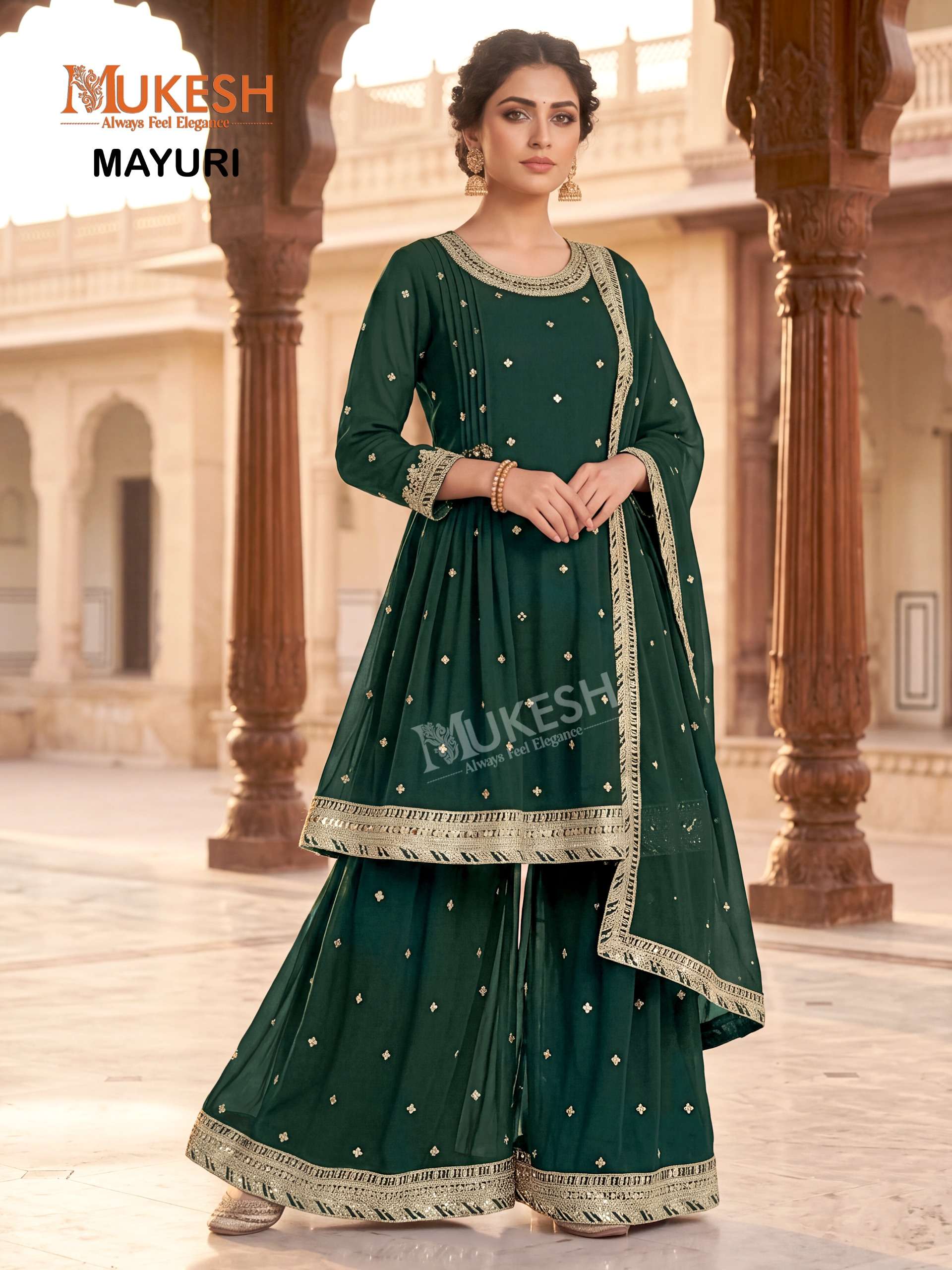 MUKESH MAYURI GEORGETTE DESIGNER FESTIVE WEAR LADIES KURTI PLAZZO AND DUPATTA SET 