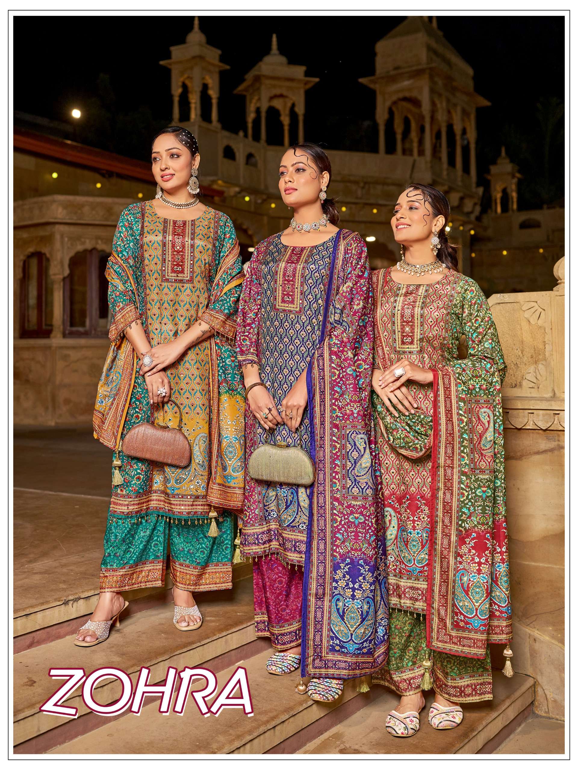 MUKESH ZOHRA JAM SATIN PRINT WITH DESIGNER WORK READY MADE LADIES SUIT 