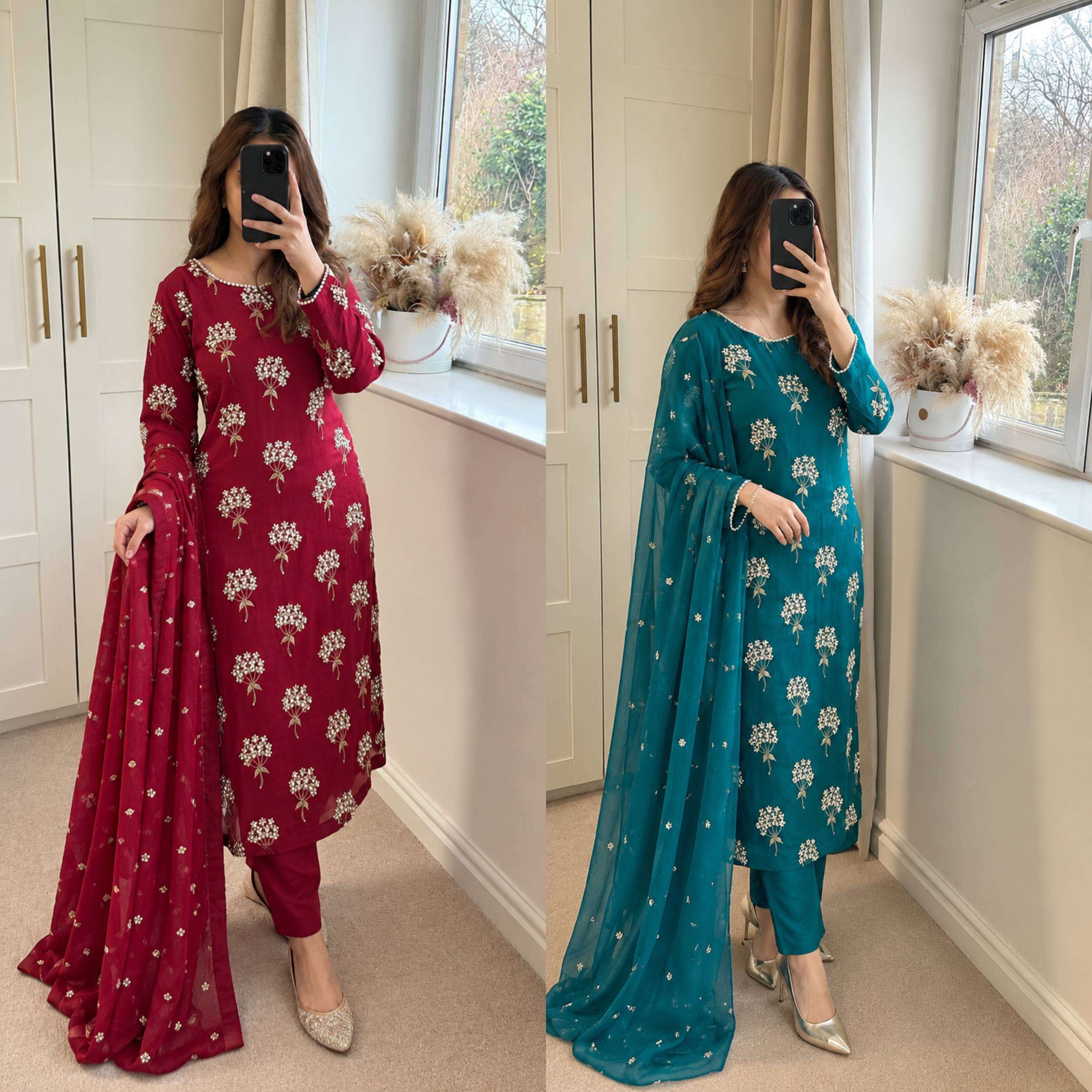 ND 5032 CHINON SILK HEAVY EMBROIDERY DESIGNER LONG TOP PANT WITH DUPATTA SET 