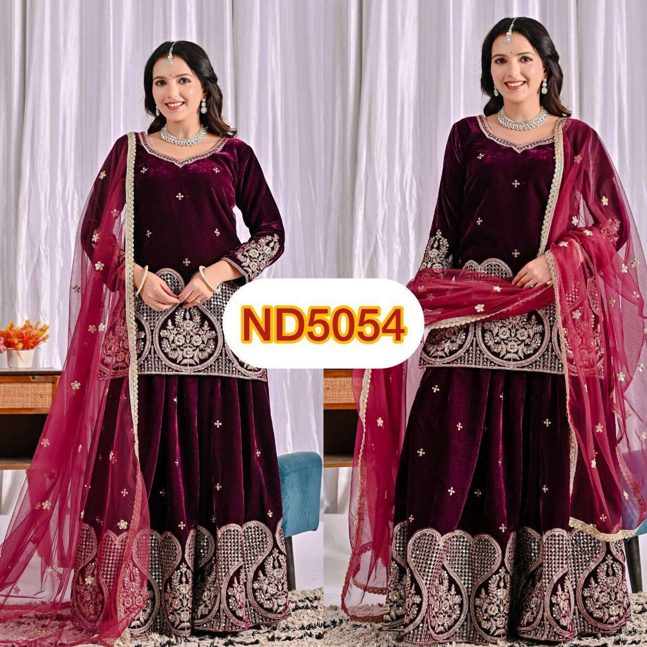 ND 5054 VELVET HEAVY EMBROIDERED DESIGNER WORKED WEDDING FUNCTION WEAR LADIES SUIT 