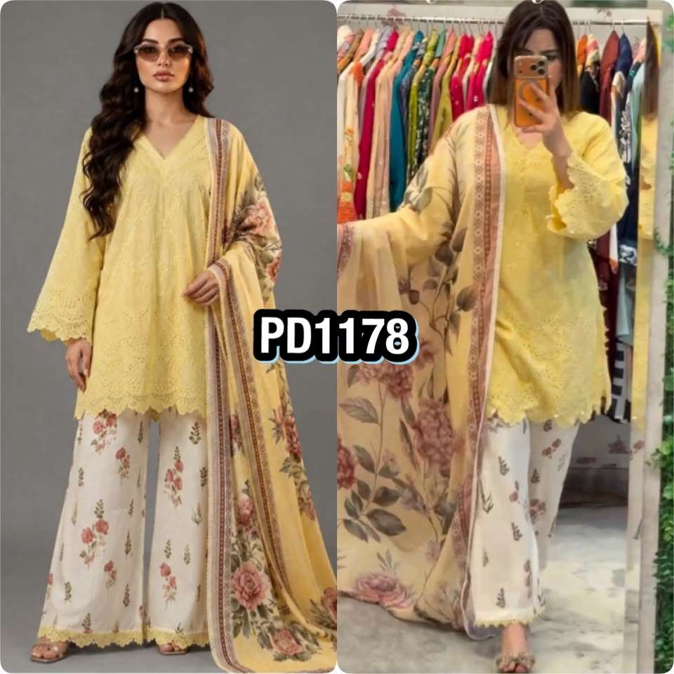 PD 1178 COTTON PREETY LOOKS DESIGNER KURTI PLAZZO WITH DUPATTA SET 