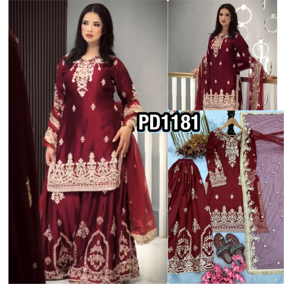 PD 1181 SATIN EMBROIDERED DESIGNER WORKED FESTIVE WEAR LADIES SUIT 