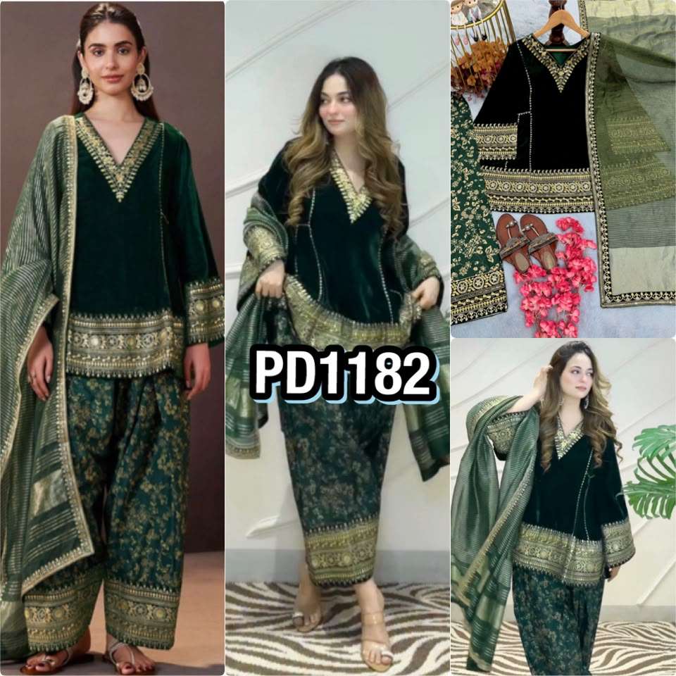 PD 1182 VELVET EMBROIDERED DESIGNER WORKED TOP FARSHI PLAZZO AND DUPATTA SET 