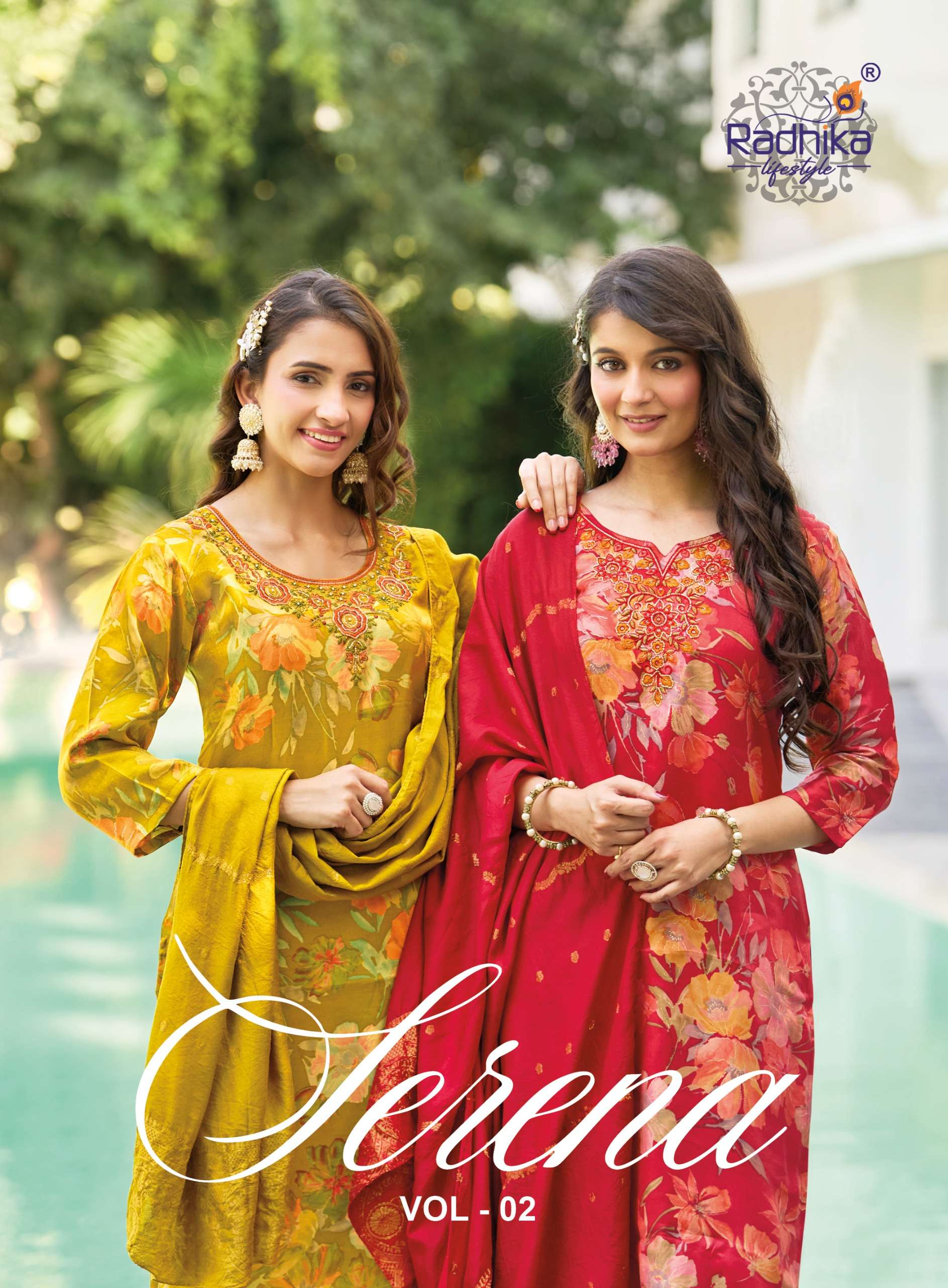 RADHIKA LIFESTYLE SERENA VOL 2 FOIL PRINT SILK WITH FANCY WORKS LADIES 3PCS SET COLLECTION 