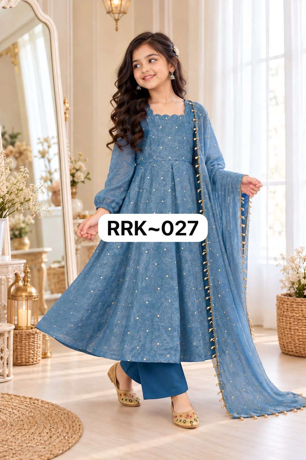 RRK 027 CRUSH FABRIC BEAUTIFUL DESIGNER LOOK KIDS WEAR ANARKALI GOWN STYLE DRESS 