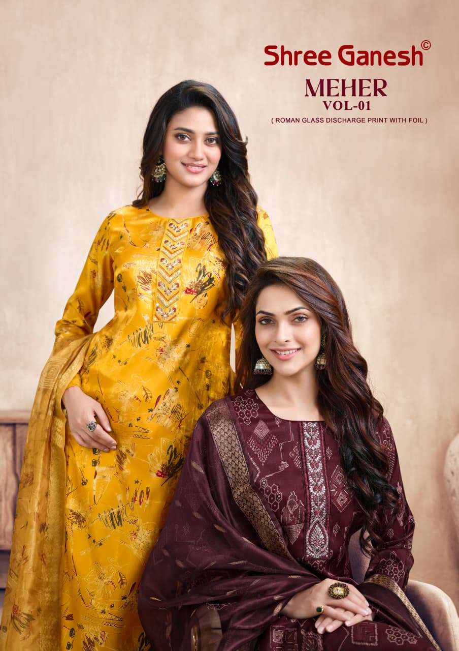 SHREE GANESH MEHER VOL 1 ROMAN SILK DESIGNER WORK READY MADE LADIES SUIT