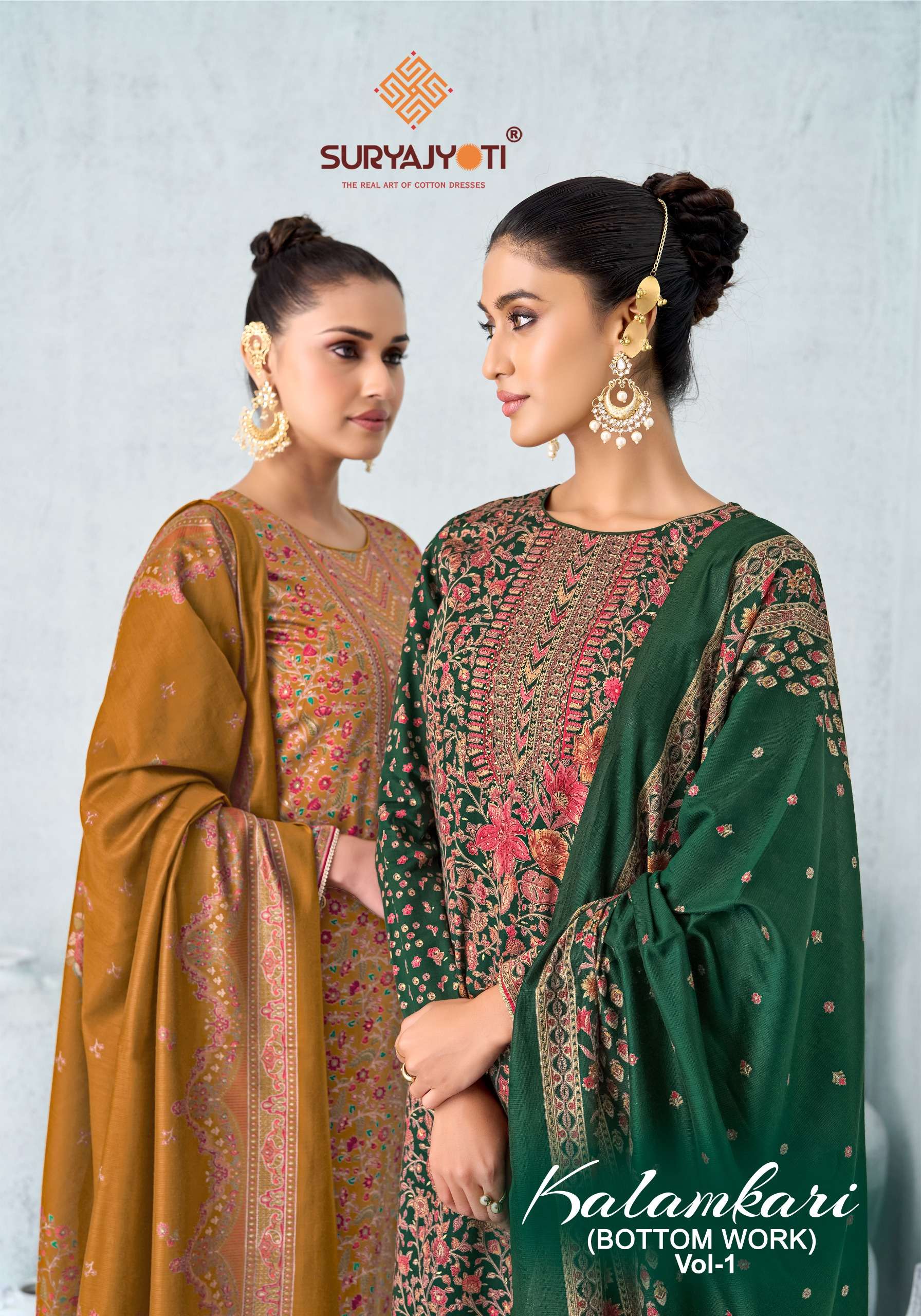 SURYAJYOTI KALAMKARI VOL 1 JAM SATIN PRINT WITH FANCY SWAROVSKI WORK SUIT 