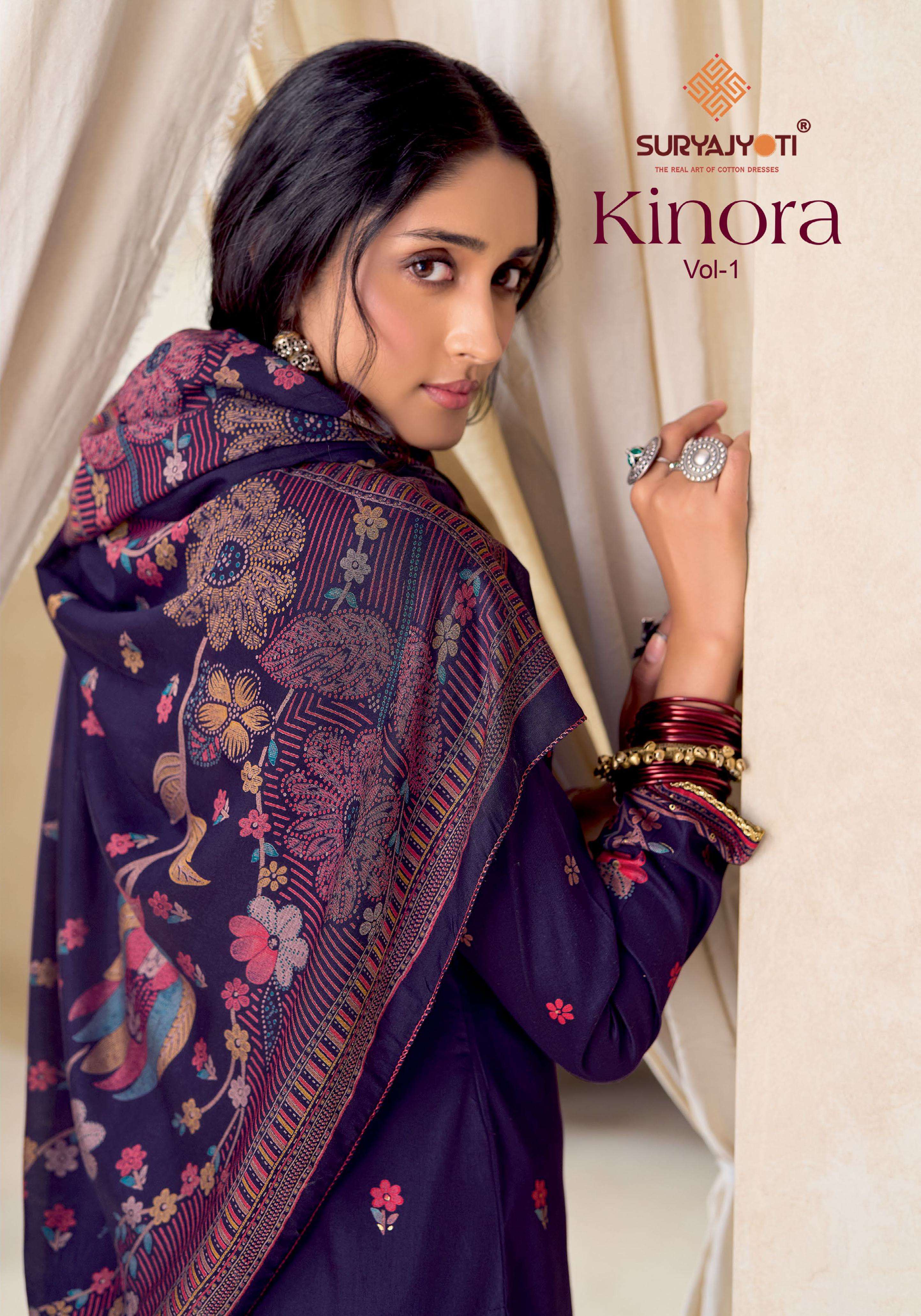 SURYAJYOTI KINORA VOL 1 JAM SATIN PRINT WITH FANCY WORK SUIT
