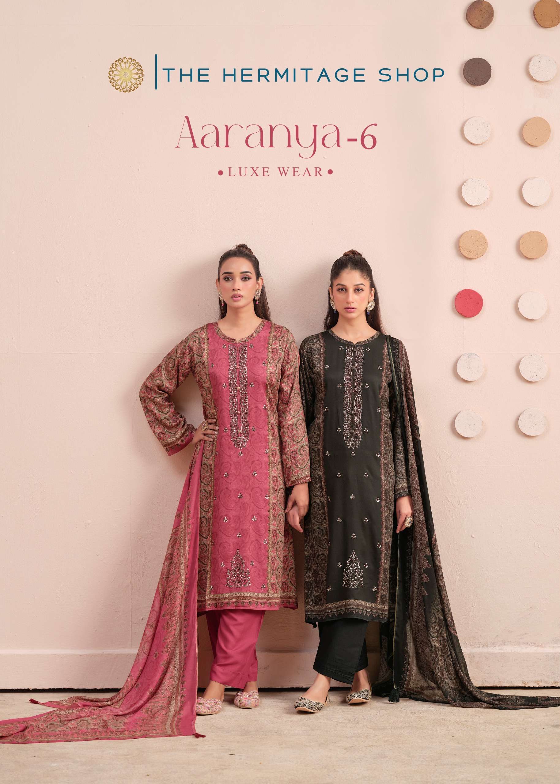THE HERMITAGE SHOP AARANYA VOL 6 GIZA SATIN DIGITAL PRINTS WITH FANCY WORK SUIT