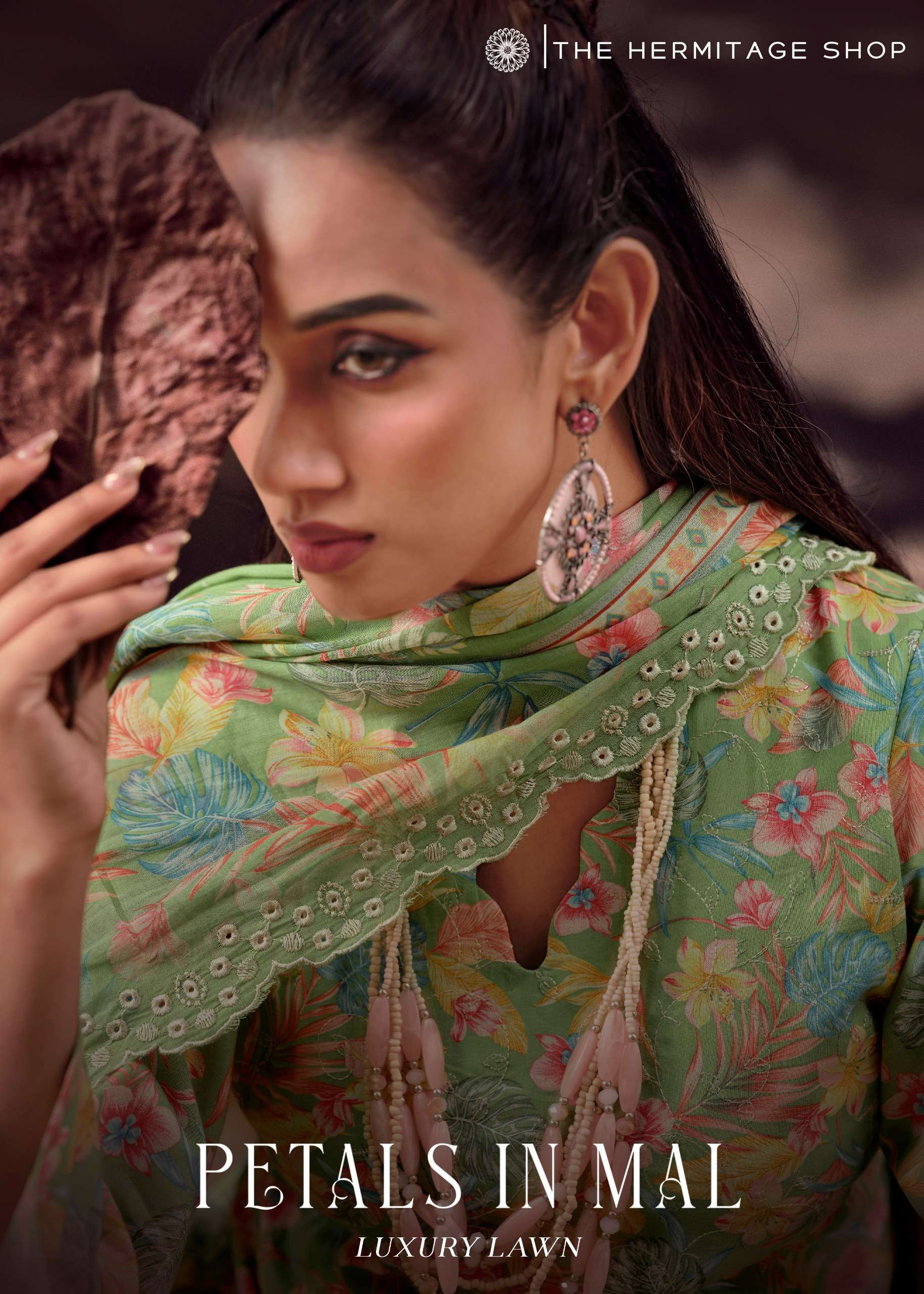 THE HERMITAGE SHOP PETALS IN MAL LAWN COTTON PRINTED WITH SCHIFFLI EMBROIDERY WORKS SUIT