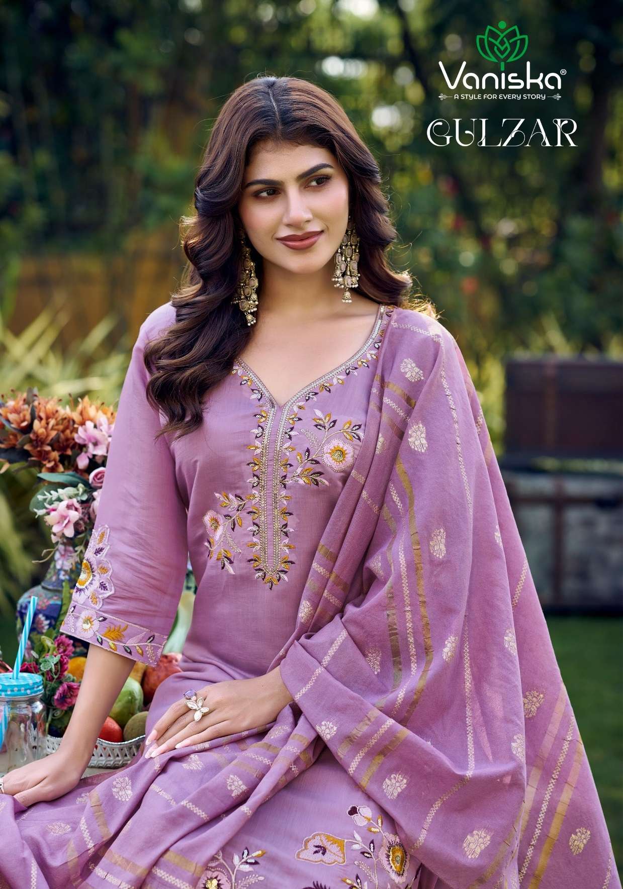VANISKA GULZAR CHANDERI SILK FANCY EMBROIDERIES STRAIGHT KURTI WITH PANT &  DUPATTA SET