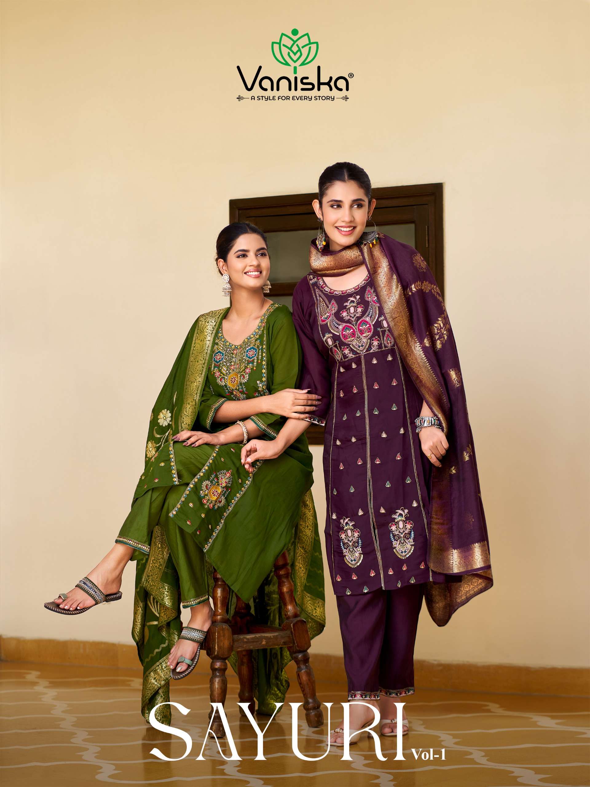 VANISKA SAYURI VOL 1 SILK EMBROIDERY DESIGNER WORK A LINE  STYLE KURTI PANT &  DUPATTA SET