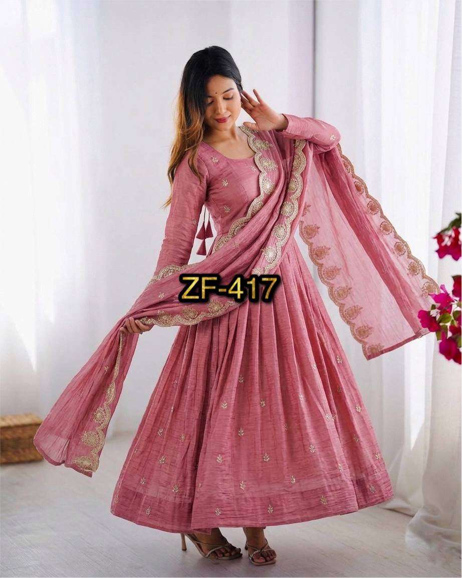 ZF 417 CRUSH SILK FABRICS BEAUTIFUL DESIGNER LOOK PARTY WEAR ANARKALI GOWN STYLE SUIT 