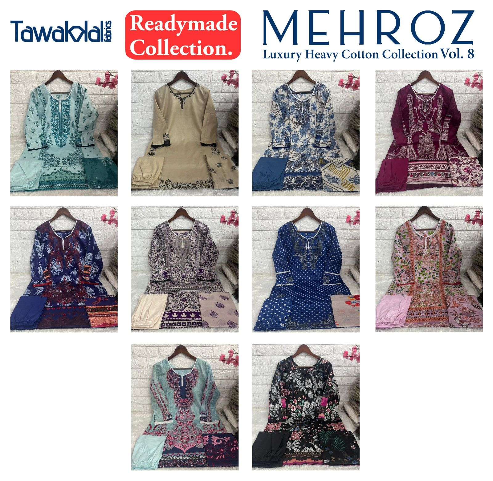 TAWAKKAL FABRICS MEHROZ LUXURY HEAVY COTTON COLLECTION VOL 8 READY MADE COLLECTION