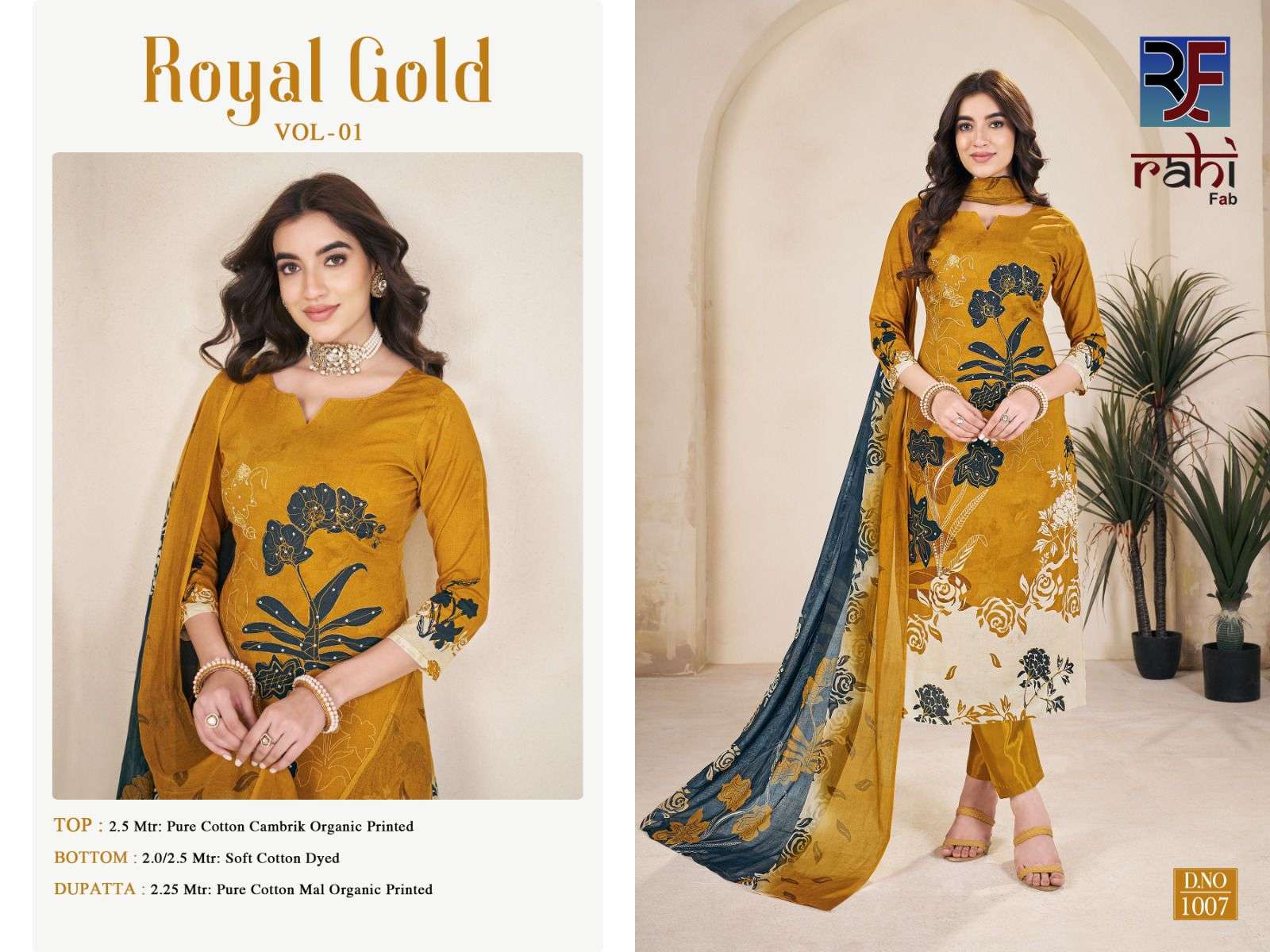 RAHI FAB  ROYAL GOLD COTTON PRINTED WITH FANCY WORK SUIT