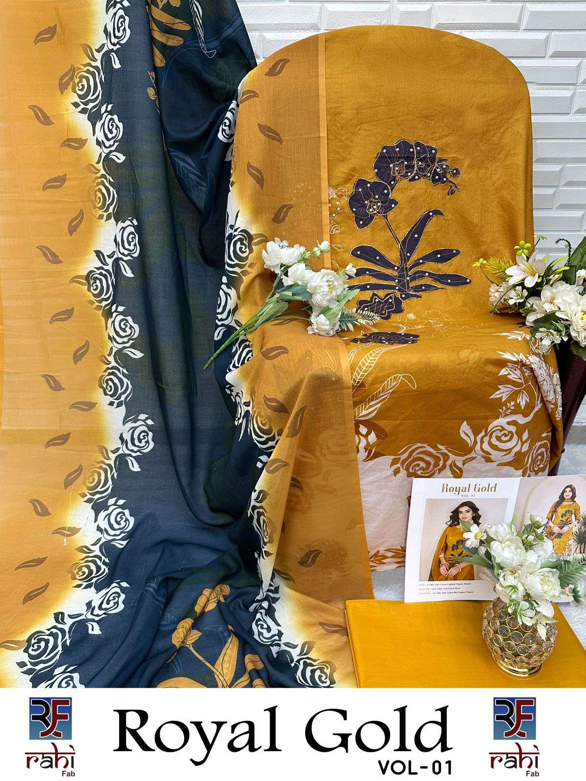 RAHI FAB  ROYAL GOLD COTTON PRINTED WITH FANCY WORK SUIT