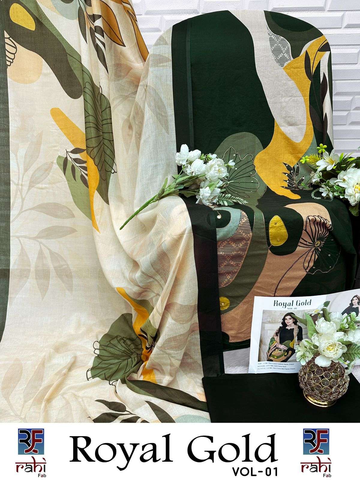 RAHI FAB  ROYAL GOLD COTTON PRINTED WITH FANCY WORK SUIT