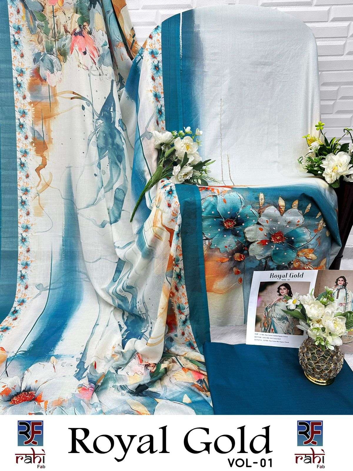 RAHI FAB  ROYAL GOLD COTTON PRINTED WITH FANCY WORK SUIT