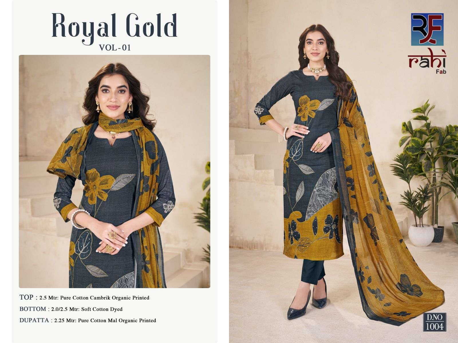 RAHI FAB  ROYAL GOLD COTTON PRINTED WITH FANCY WORK SUIT