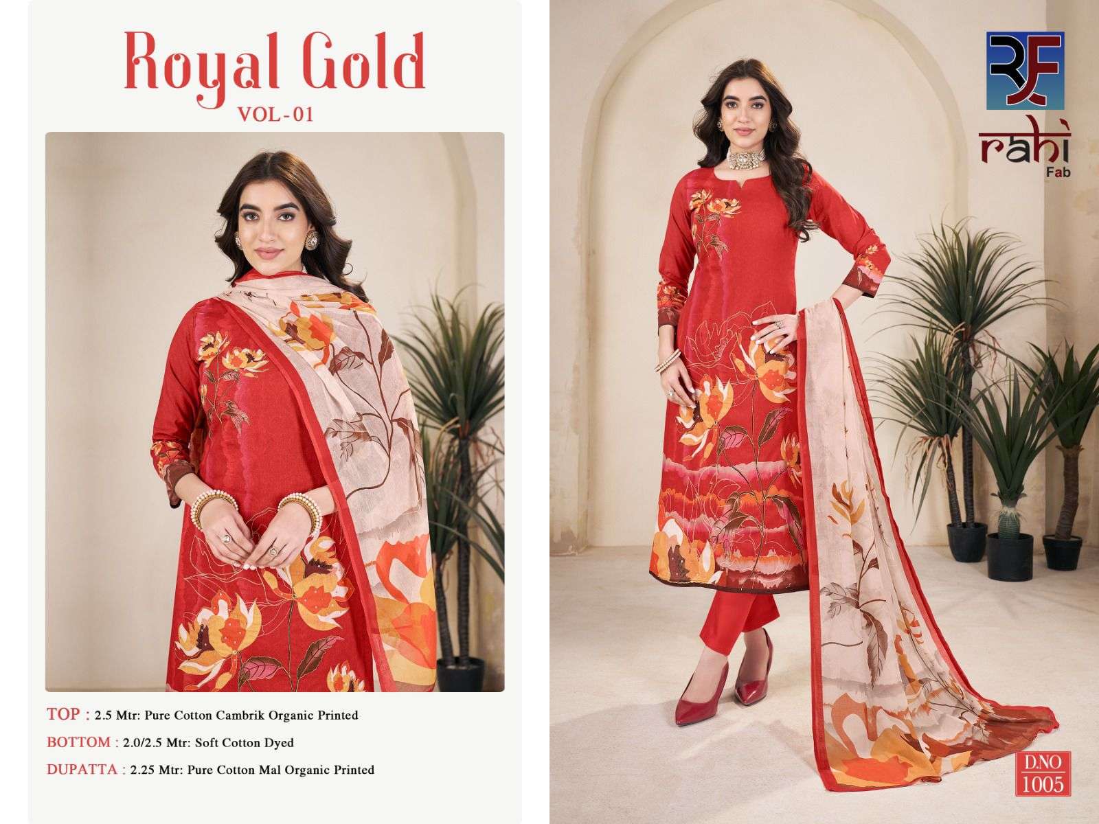 RAHI FAB  ROYAL GOLD COTTON PRINTED WITH FANCY WORK SUIT