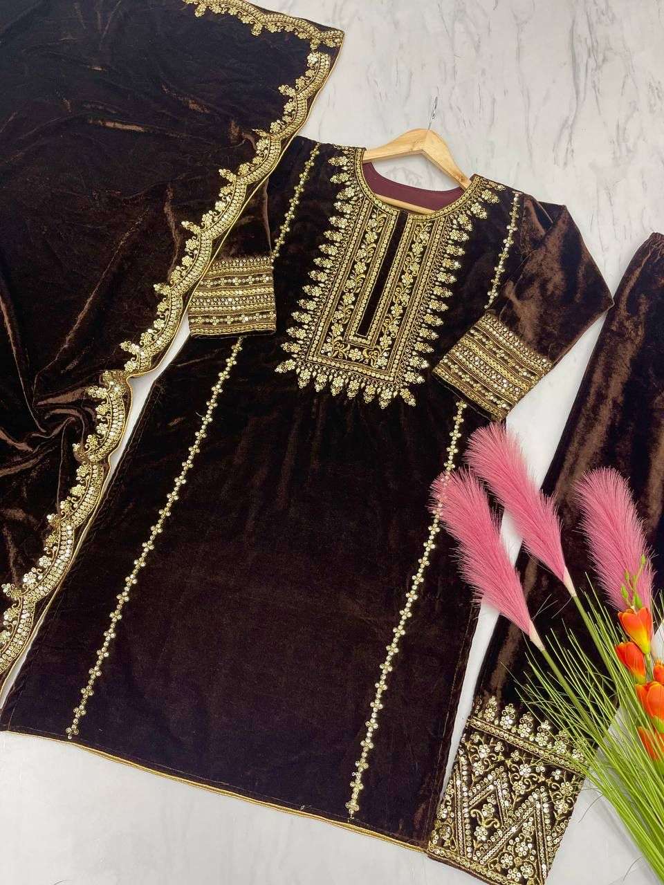 AD 089 VELVET EMBROIDERY DESIGNER READY MADE TOP BOTTOM & DUPATTA COLLECTIONS